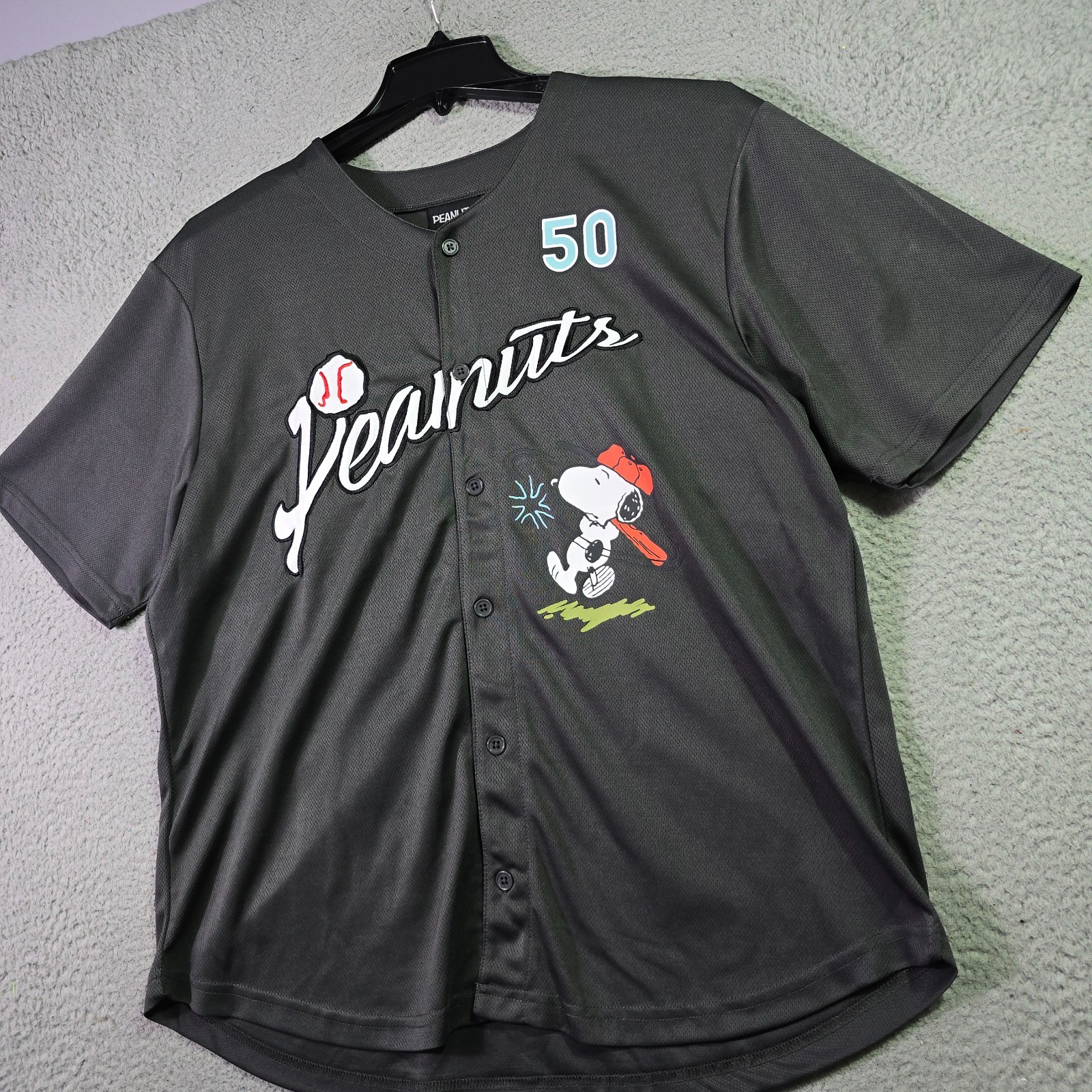 Peanuts® Snoopy Baseball Jersey shirt Mens Large Black Charlie Brown Button NWT