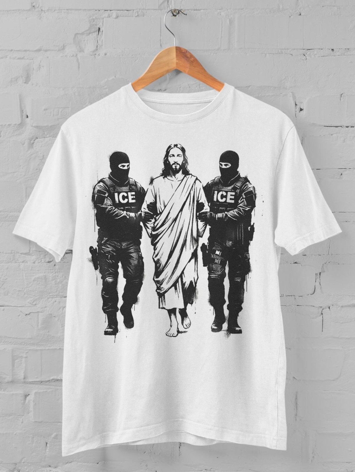 Jesus Arrested By ICE Graphic T-Shirt Political Protest Immigrant Rights Tee