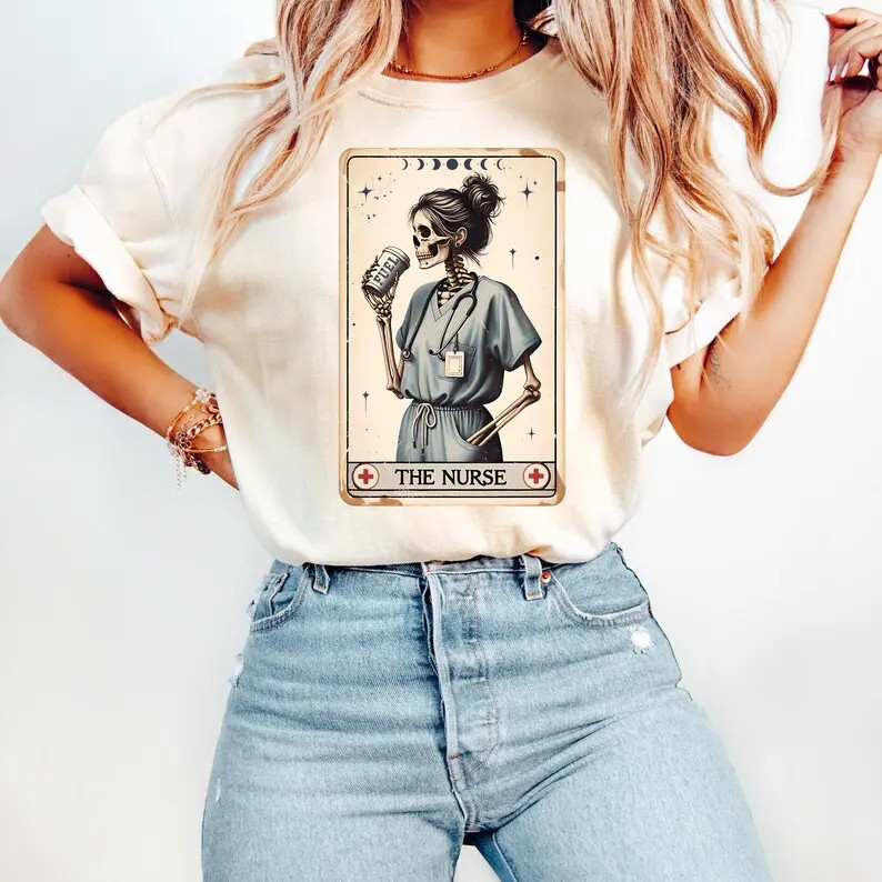 Tarot Card Skeleton Nurse T-Shirt – Retro Funny Medical Gift for RN