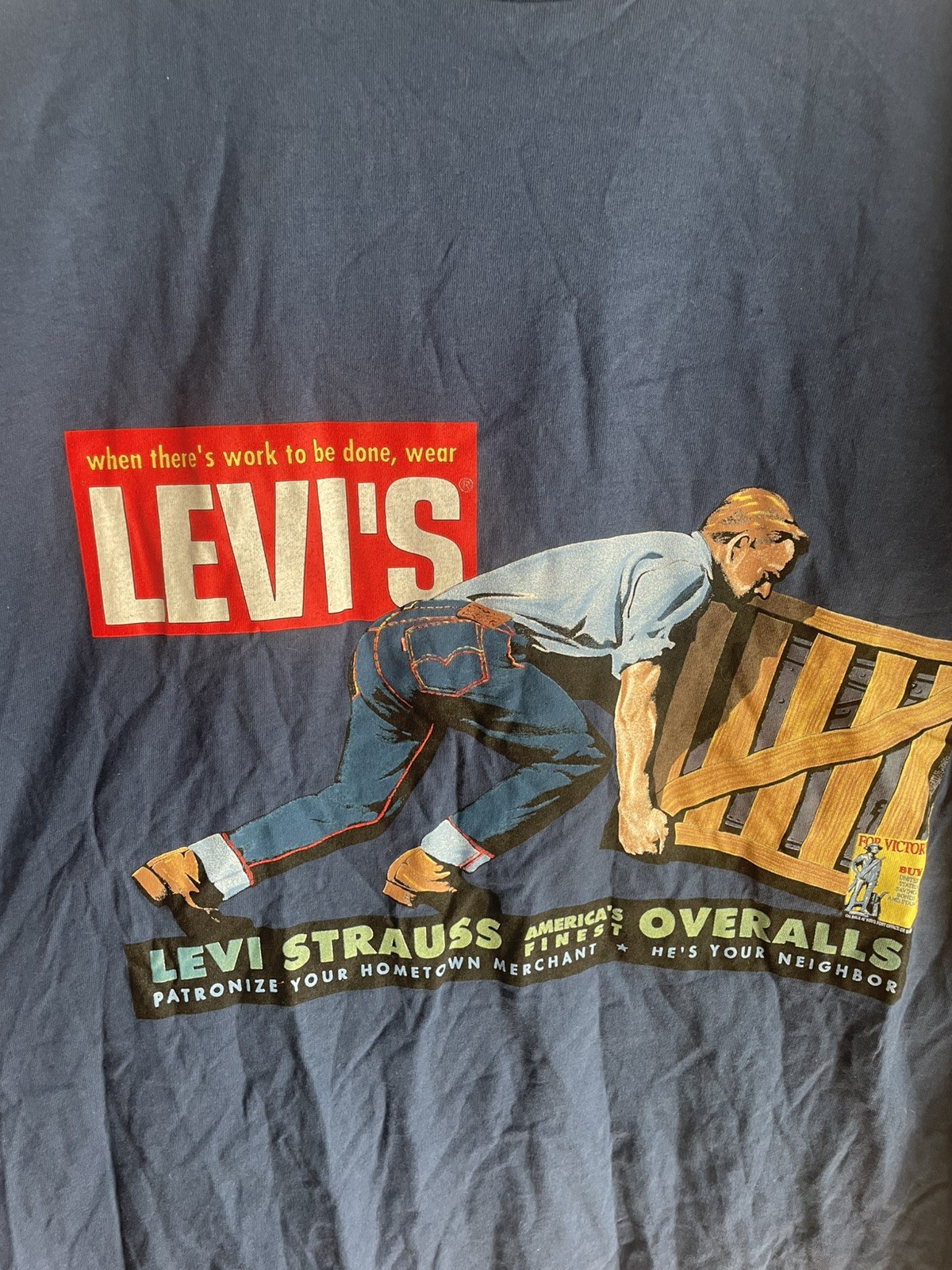 Levis Jeans Overalls 90s Vintage USA Workwear Graphic Tee Blue XL Deadstock