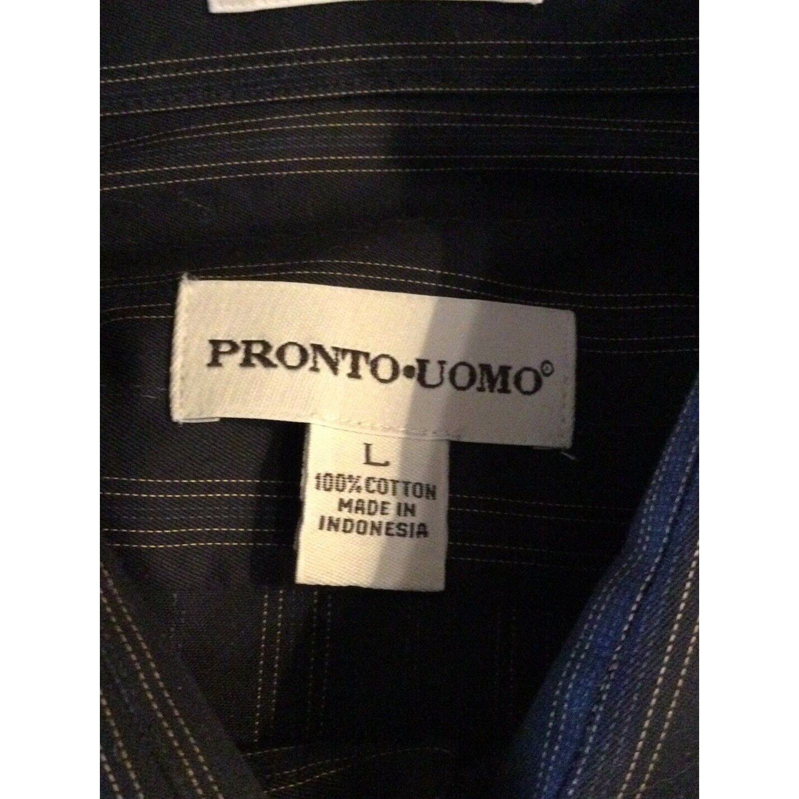 Pronto-Uomo Non Iron Blk Stripe L/S w/Pocket Button Down Dress Shirt Size Large