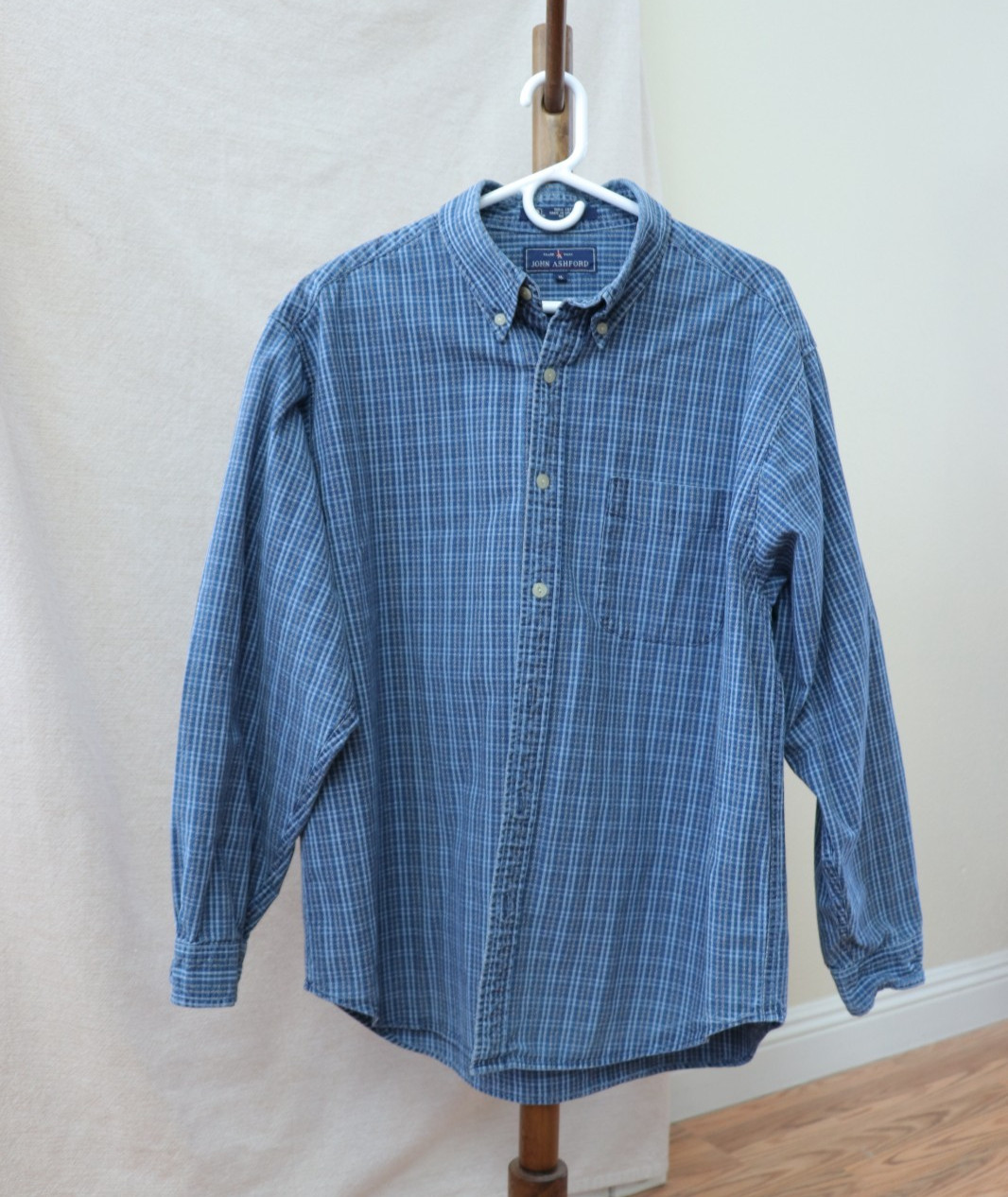 John Ashford Long Sleeves Blue Plaid Button Down Mens Shirt Sz XL 100% Cotton