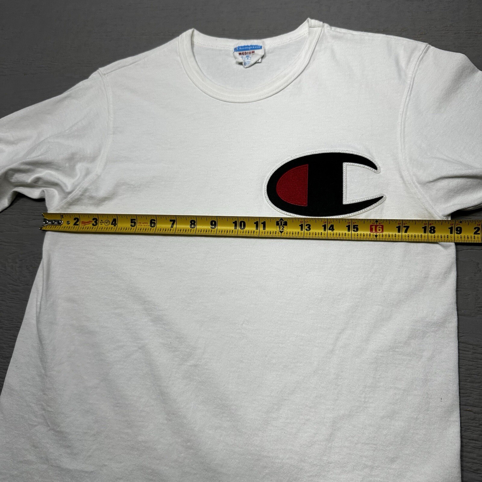 Champion Shirt Mens Medium White Patch Logo Cotton crew Neck Casual
