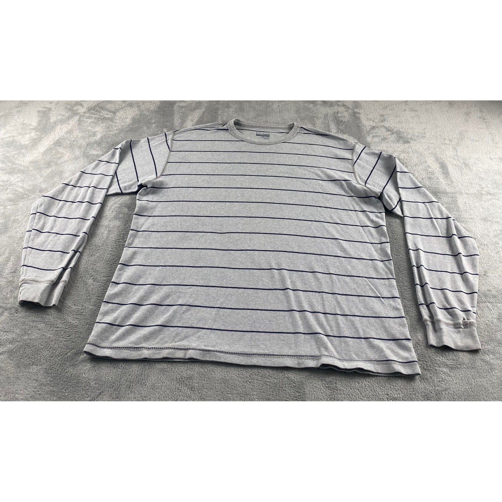 Basic Editions Mens XL Long Sleeve Striped Crew Neck T-Shirt Grey Navy Blue