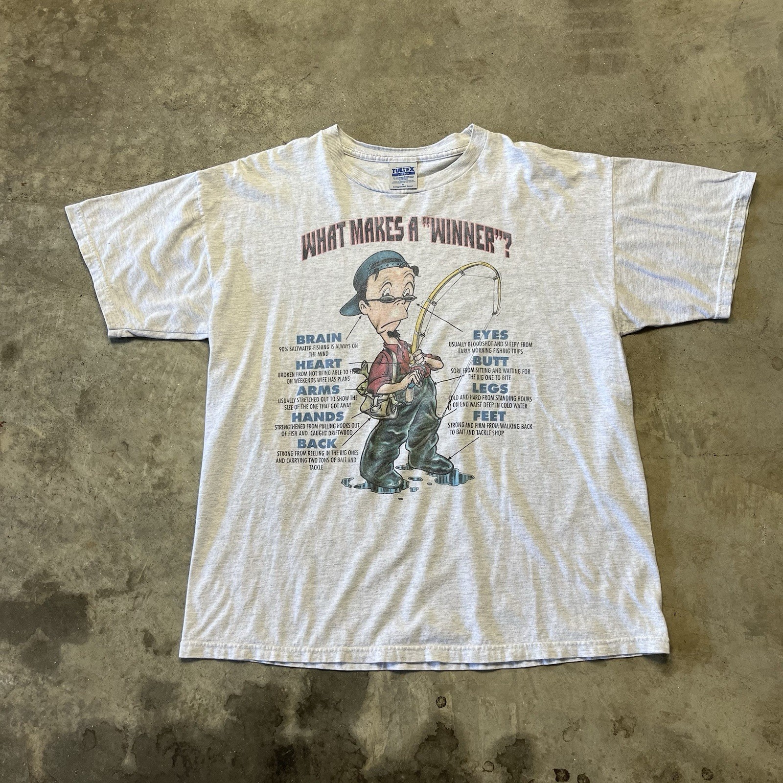 Vintage Tultex Fishing Cartoon T Shirt Mens XL Gray Funny Dad Joke Winner 90s