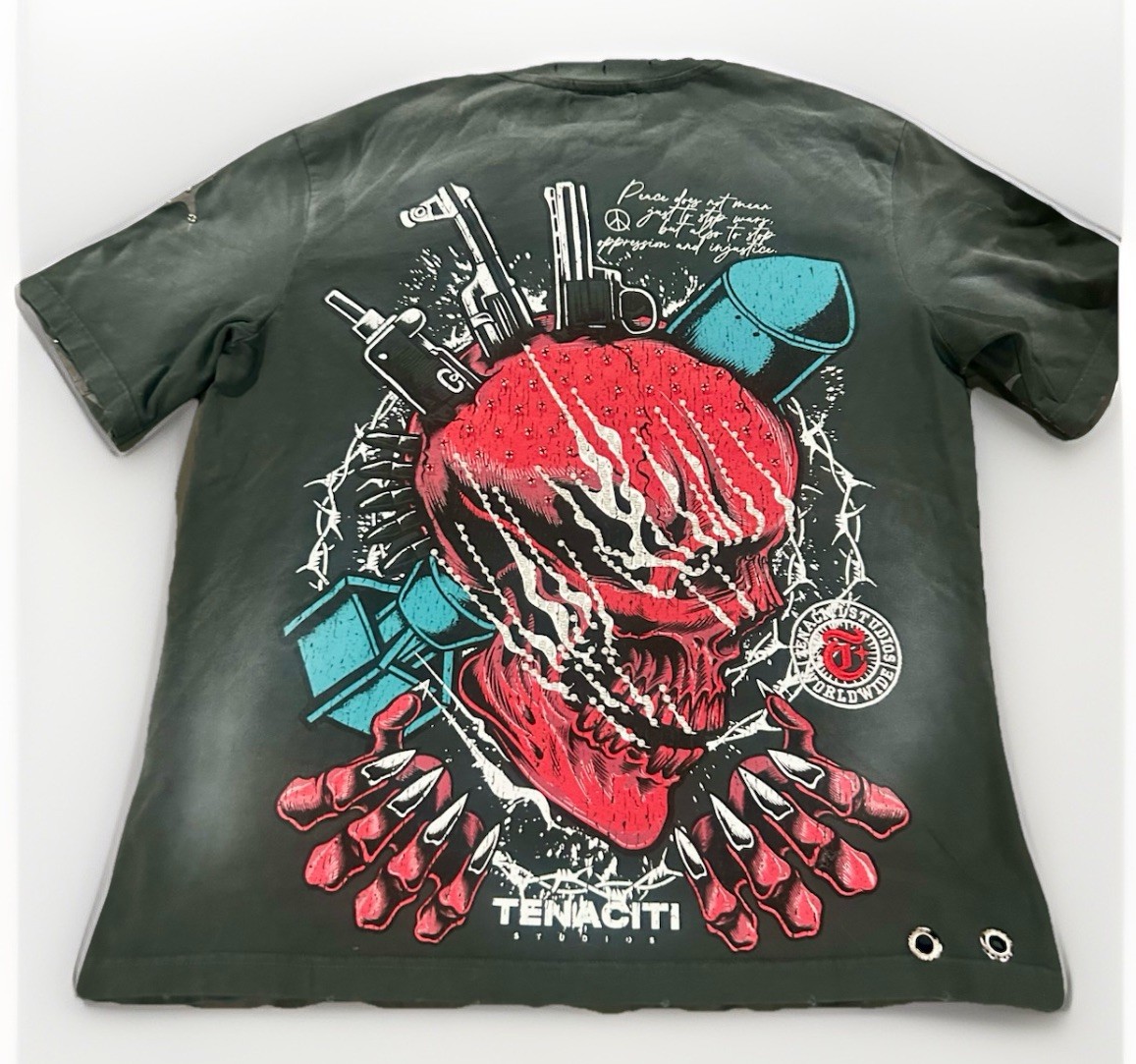 Tenaciti Studios Skull Graphic Studded T-Shirt Grey Size L