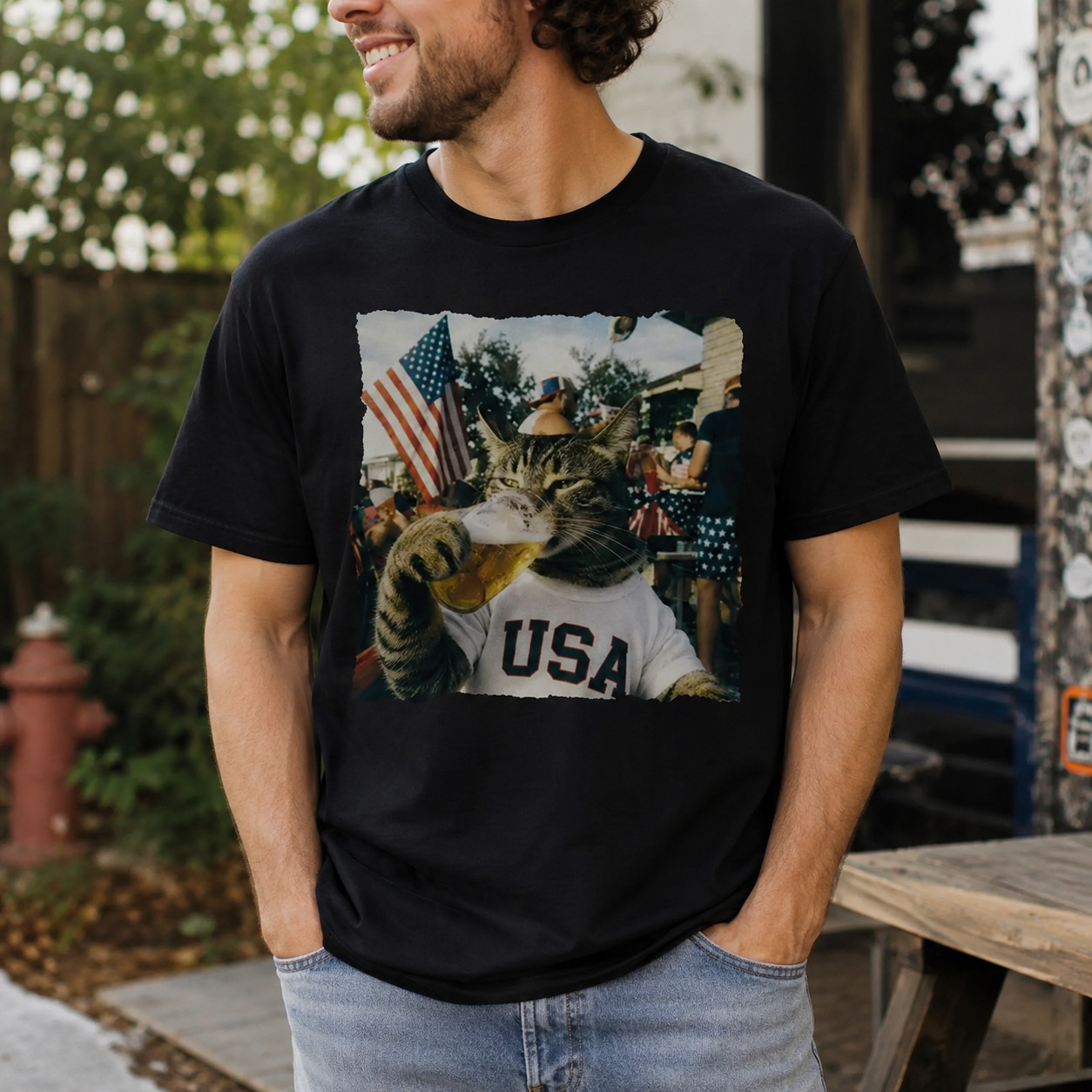 USA Cat Beer Shirt Vintage Patriotic 4th of July Funny Meme Graphic Tee