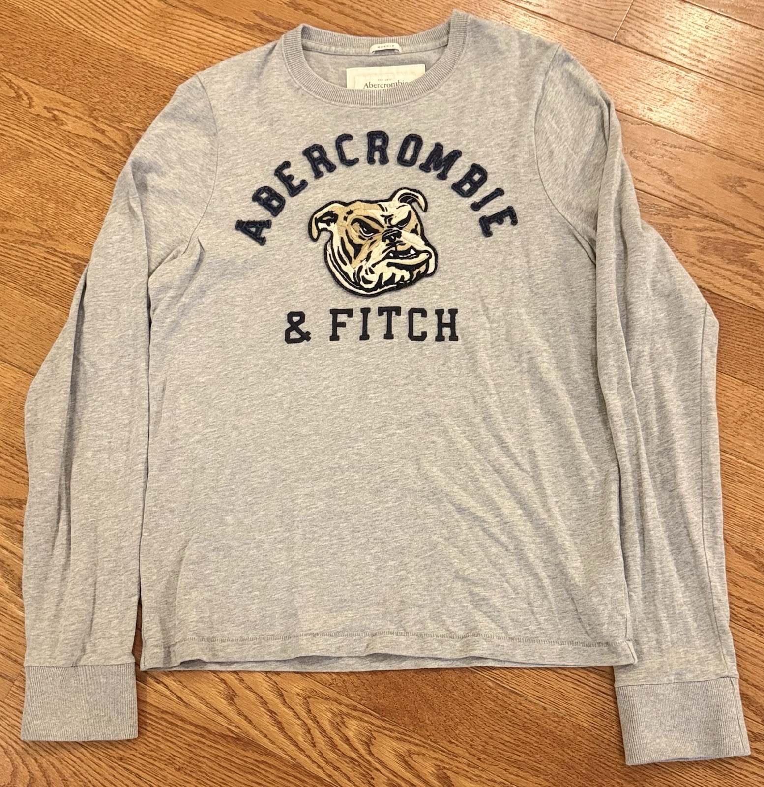 Vtg Abercrombie & Fitch Athletics Bulldog Muscle T-shirt L Grey Xtra Long Sleeve