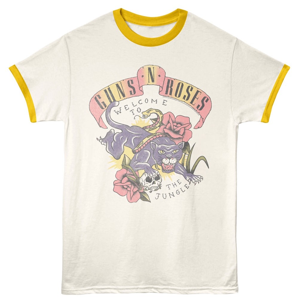 GUNS N’ ROSES Ringer T-Shirt Mens TATTOO JUNGLE Music New Vintage White Yellow