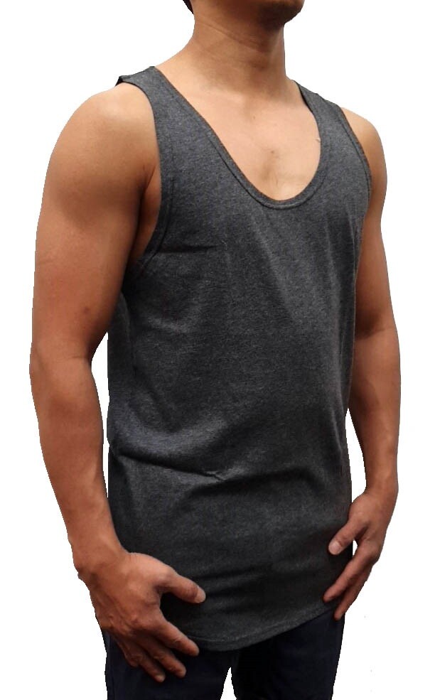 MENS SINGLET MUSCLE TANK TOP CURVE HEM BODYBUILDING GYM LIFTING CASUAL PLAIN