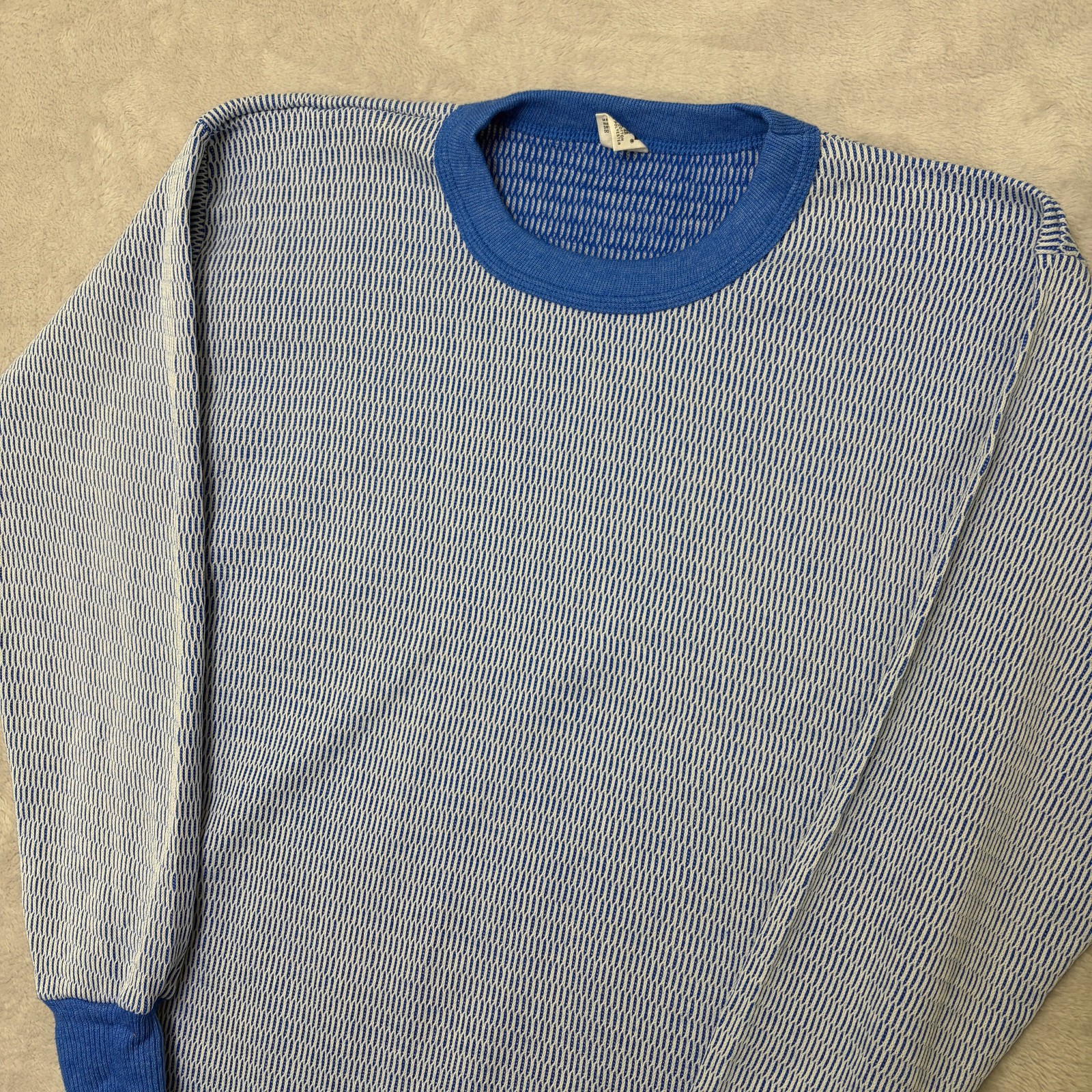 Hanes Vintage Thermal Top Blue/White Textured Weave Pattern XL 50/50 blend knit