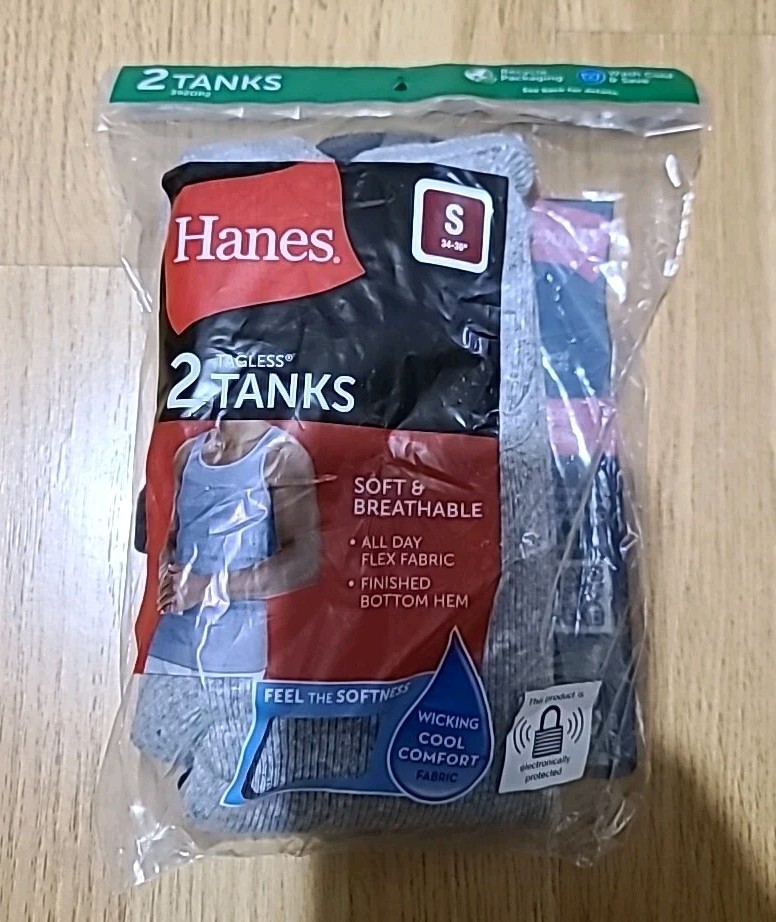 Hanes Mens 2 Pack Tanks Undershirts Cotton Black Gray Tank Top Small 34-36 Inch