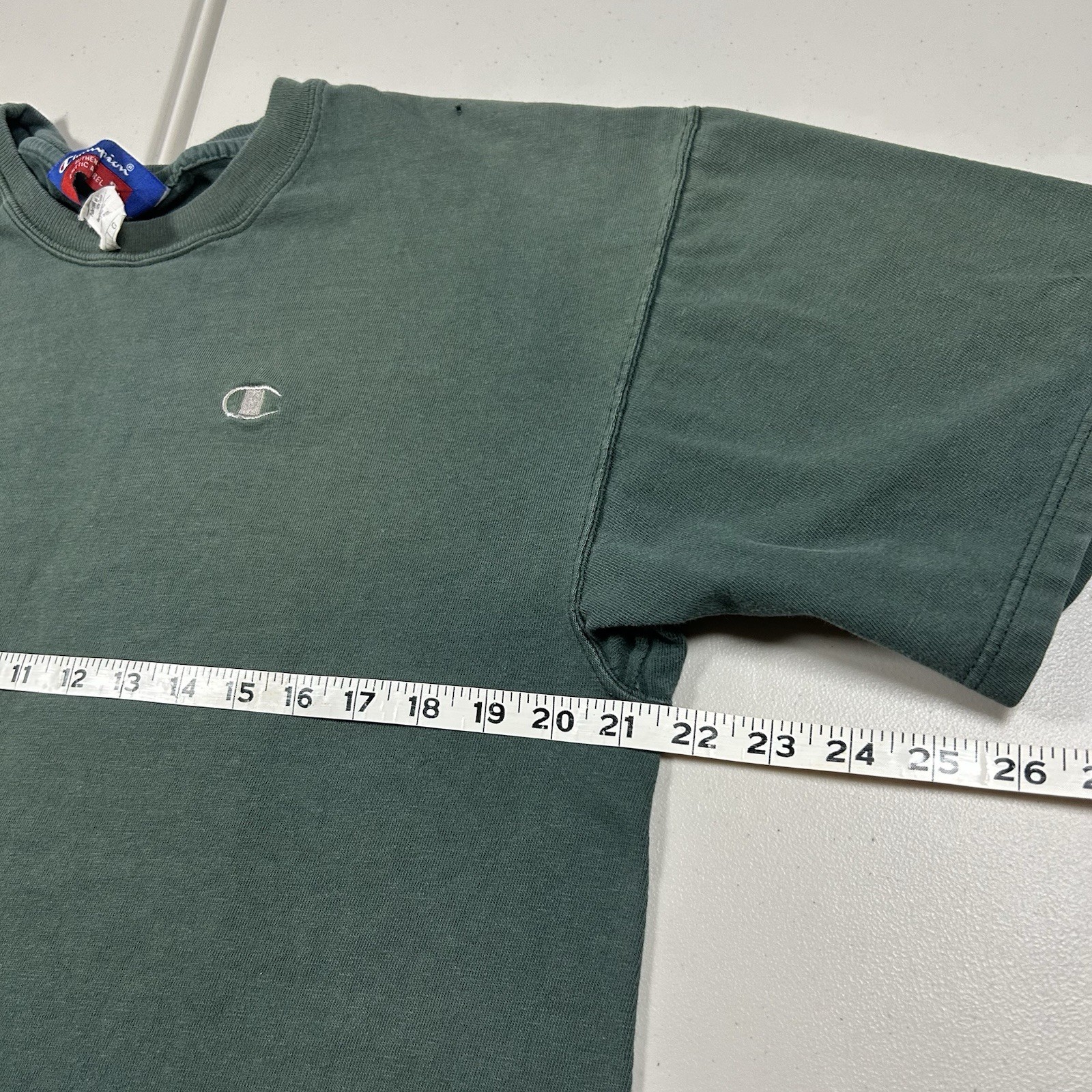 Vintage Champion Shirt Blank Green Logo Graphic Men’s Large Sun Faded Streetwear