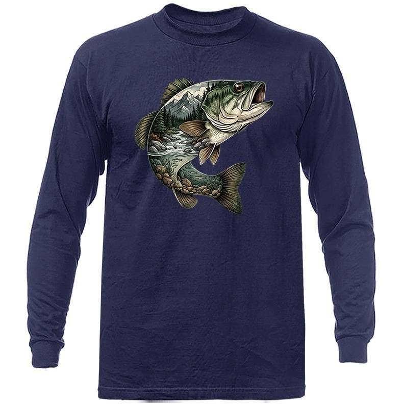 Mountain River Bass Fishing Outdoor Sports Long Sleeve T-Shirt