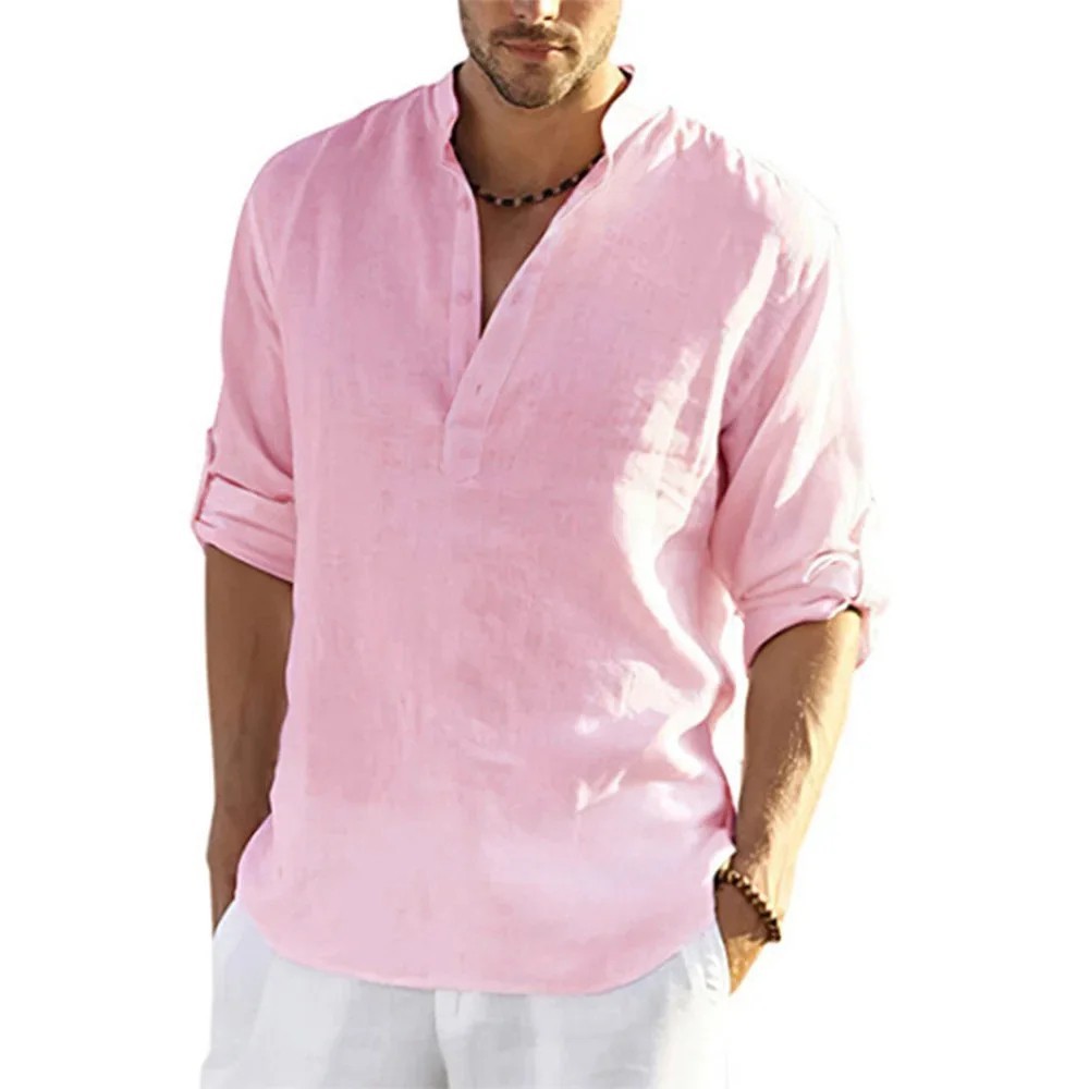 Men’s Cotton Linen Henley Long Sleeve Shirt Casual Beach T-shirt Tee Summer Gift