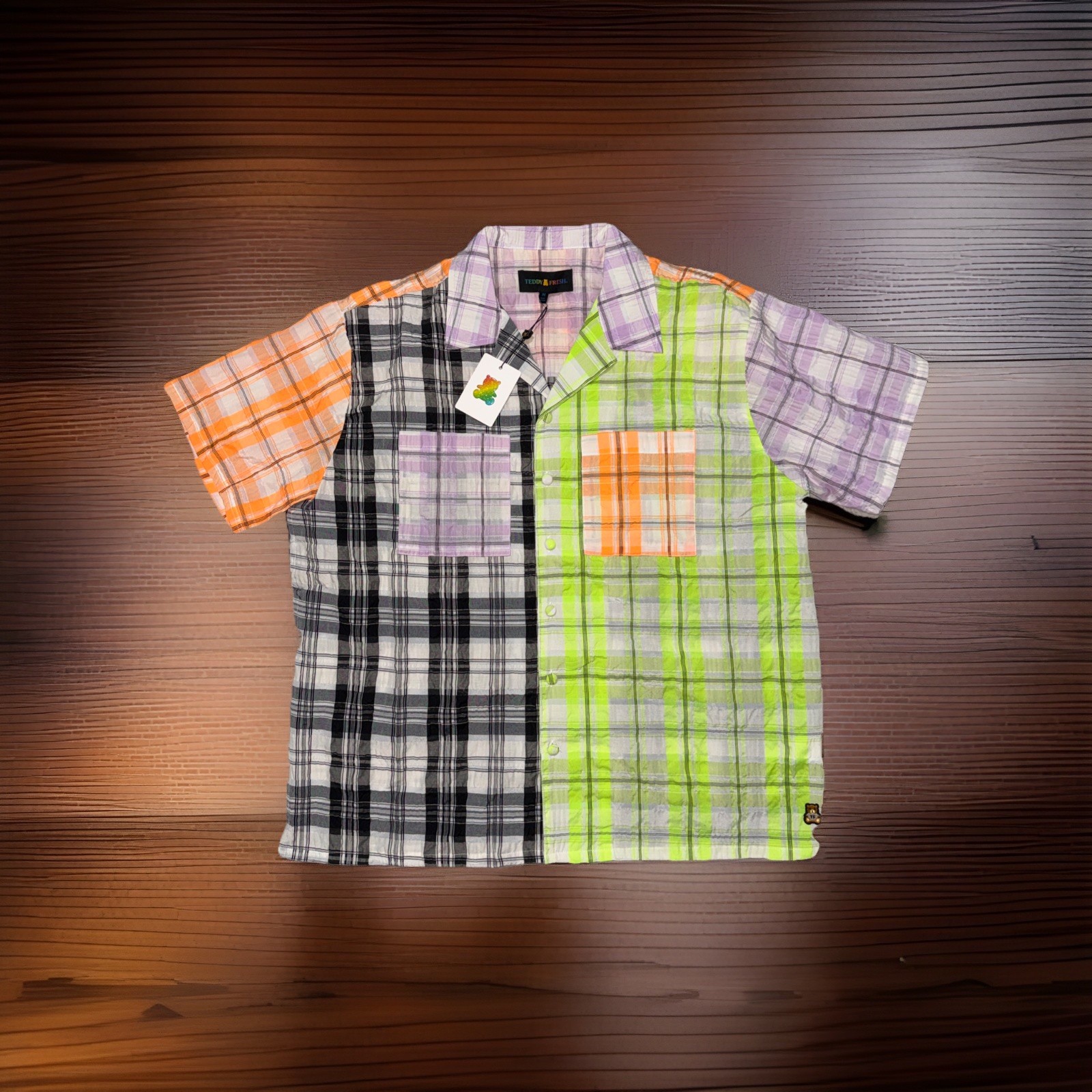 Teddy Fresh Short Sleeve button Shirt Mens Medium multicolor neon panel NEW