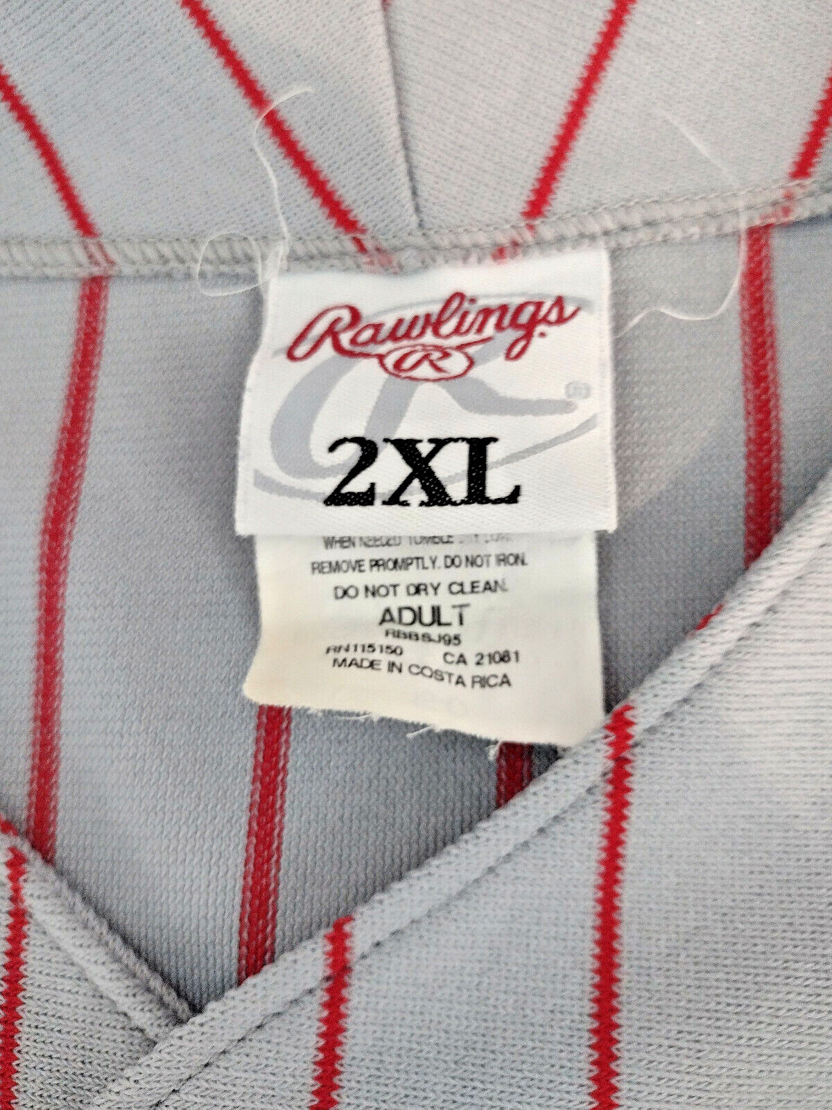 Rawlings Baseball Jersey Gray With Red Stripes Mens Size 2XL Sleeveless Striped