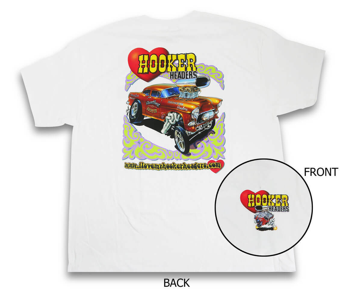 Hooker Headers Chevy (148) Men’s T-Shirts, White 100% Cotton. NHRA Drag Race