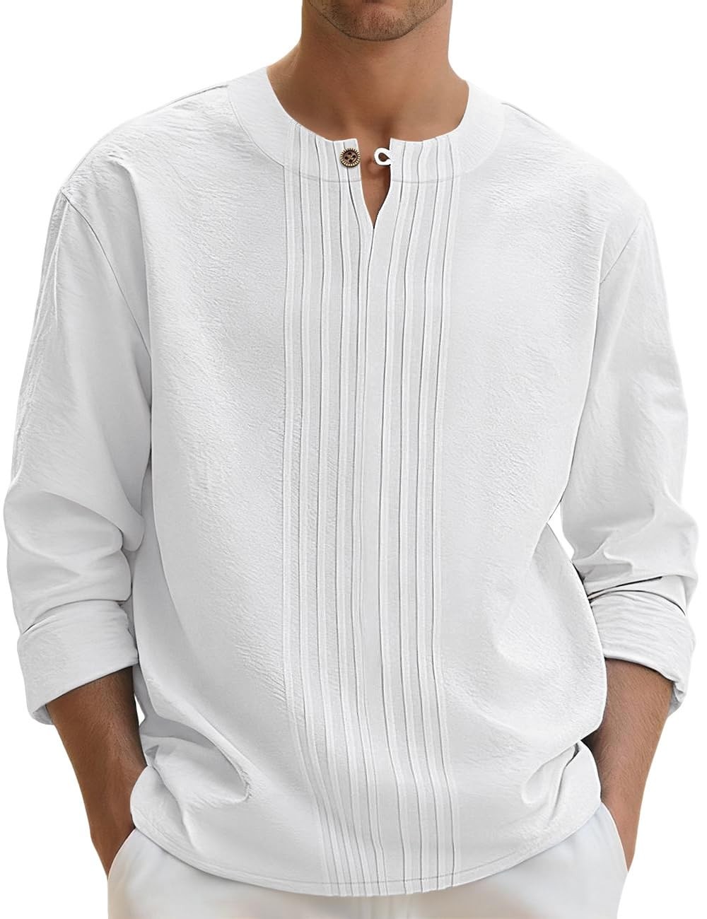 Men’s Linen Shirts Casual Long Sleeve Pleated Front T-Shirt Button Henley Col…