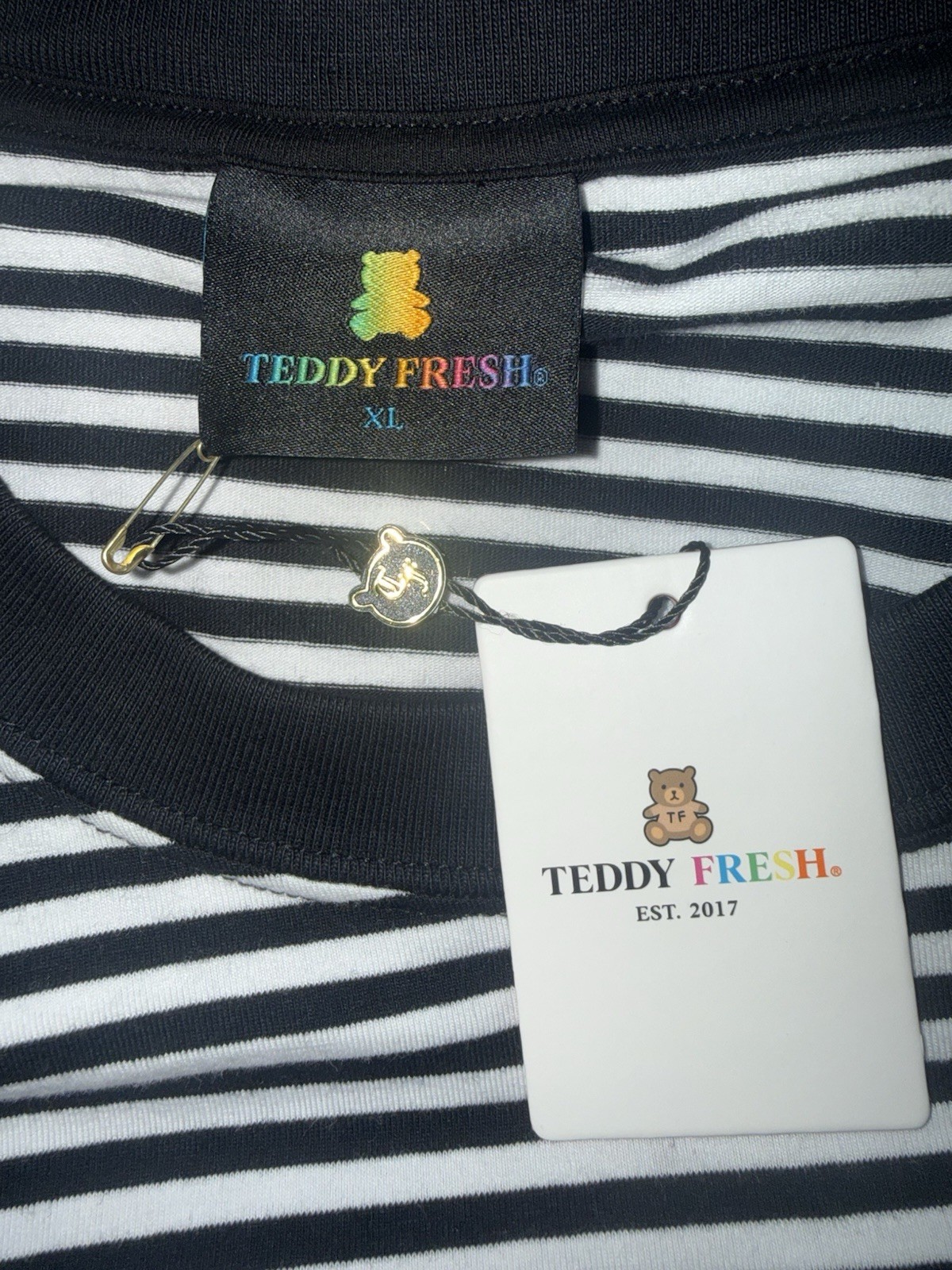 Teddy Fresh Striped Bear Patch Logo Black White 100% Cotton XL Men’s T-Shirt