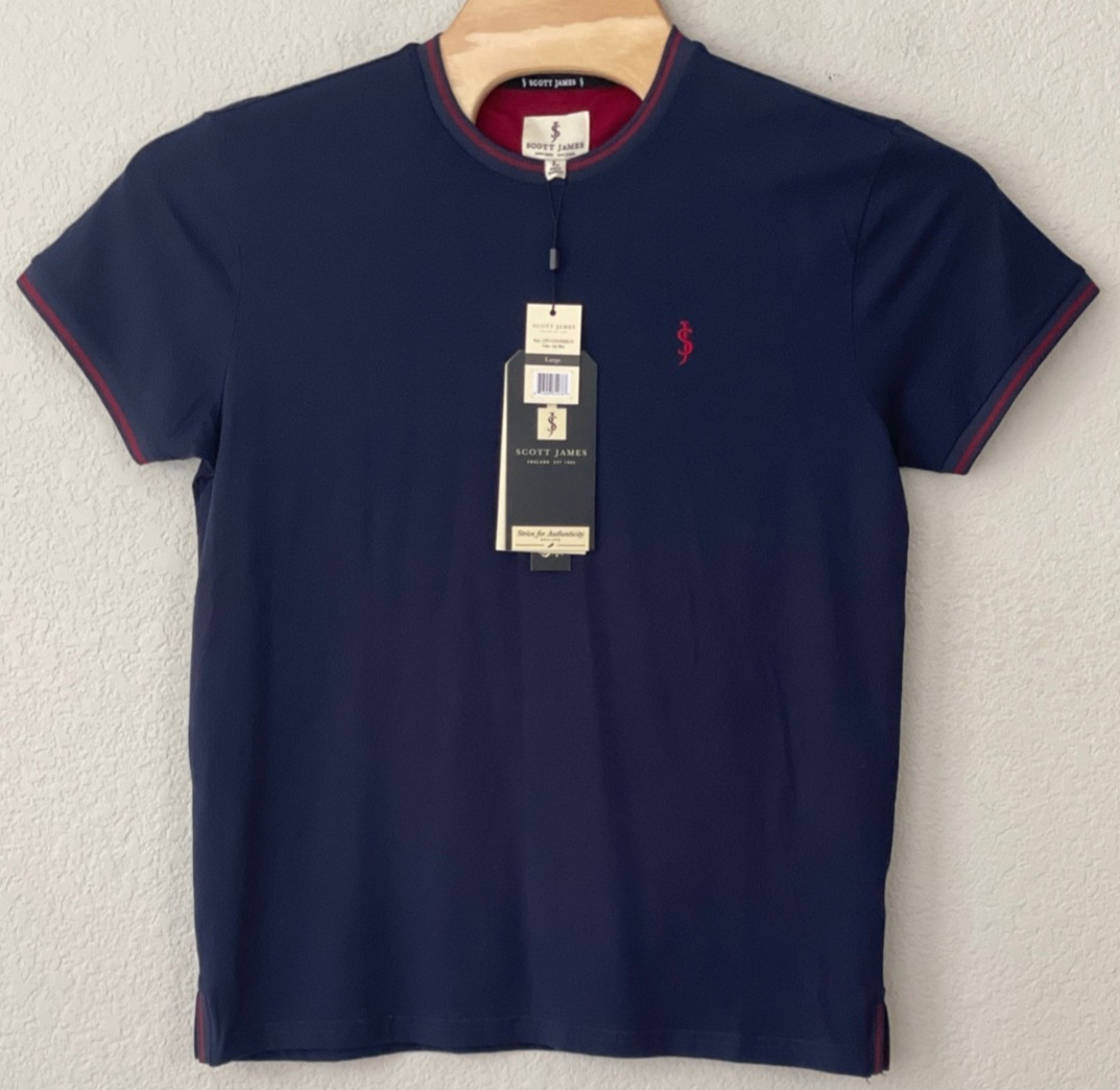 NWT SCOTT JAMES ENGLAND Ringer T-Shirt Embroidered Logo Stripe Accents Men’s L