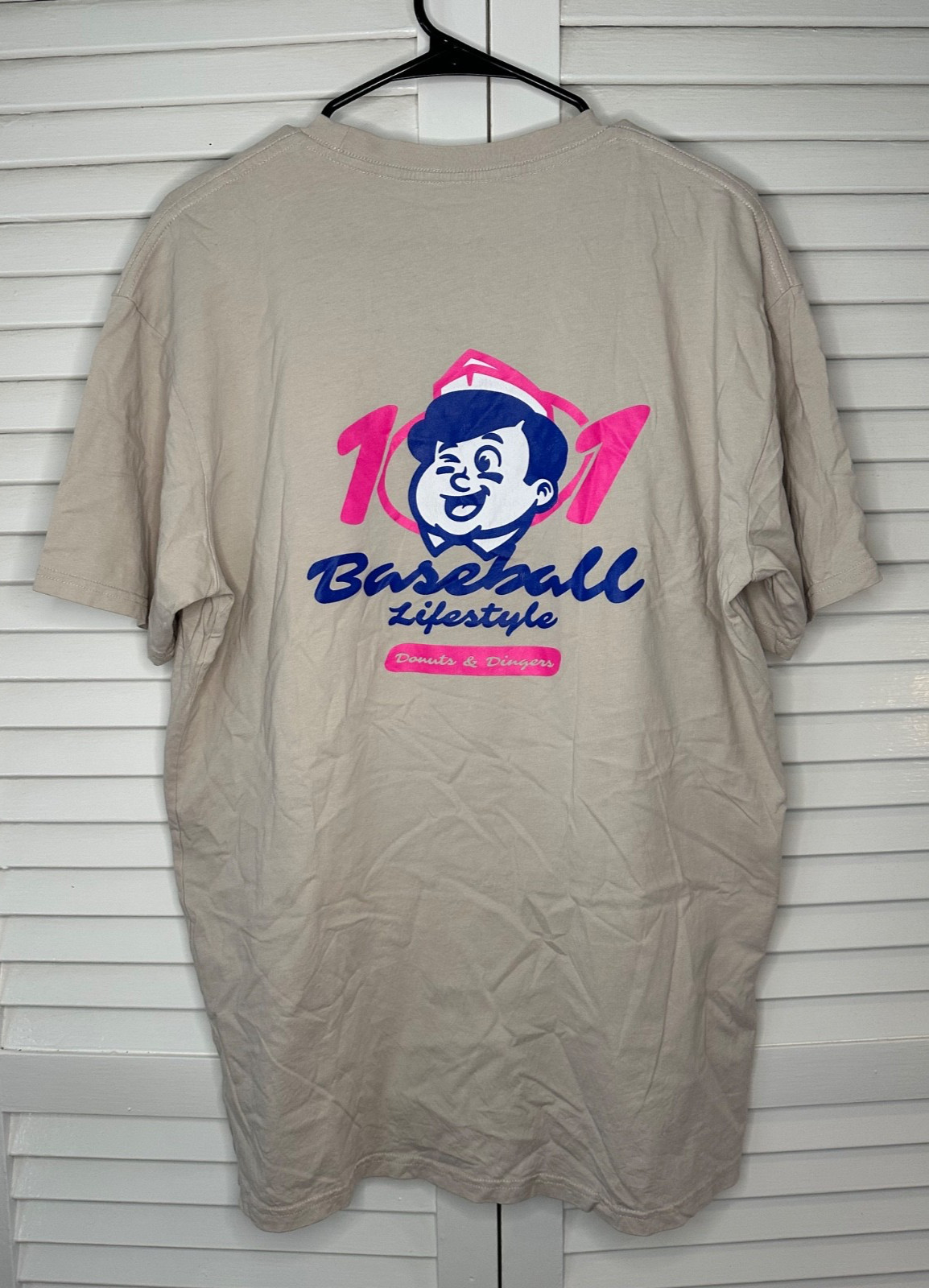 Baseball Lifestyle 101 Men’s Size XL Beige Donuts & Dingers T-Shirt 2 SIded