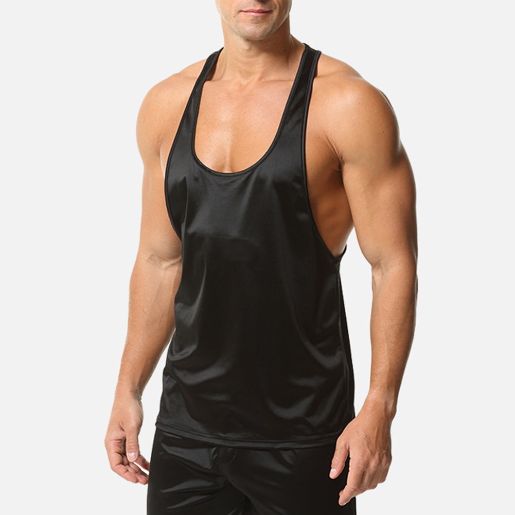 Men Tank Top Oil Shiny Glossy Satin Regular Length Solid Color Four Seasons