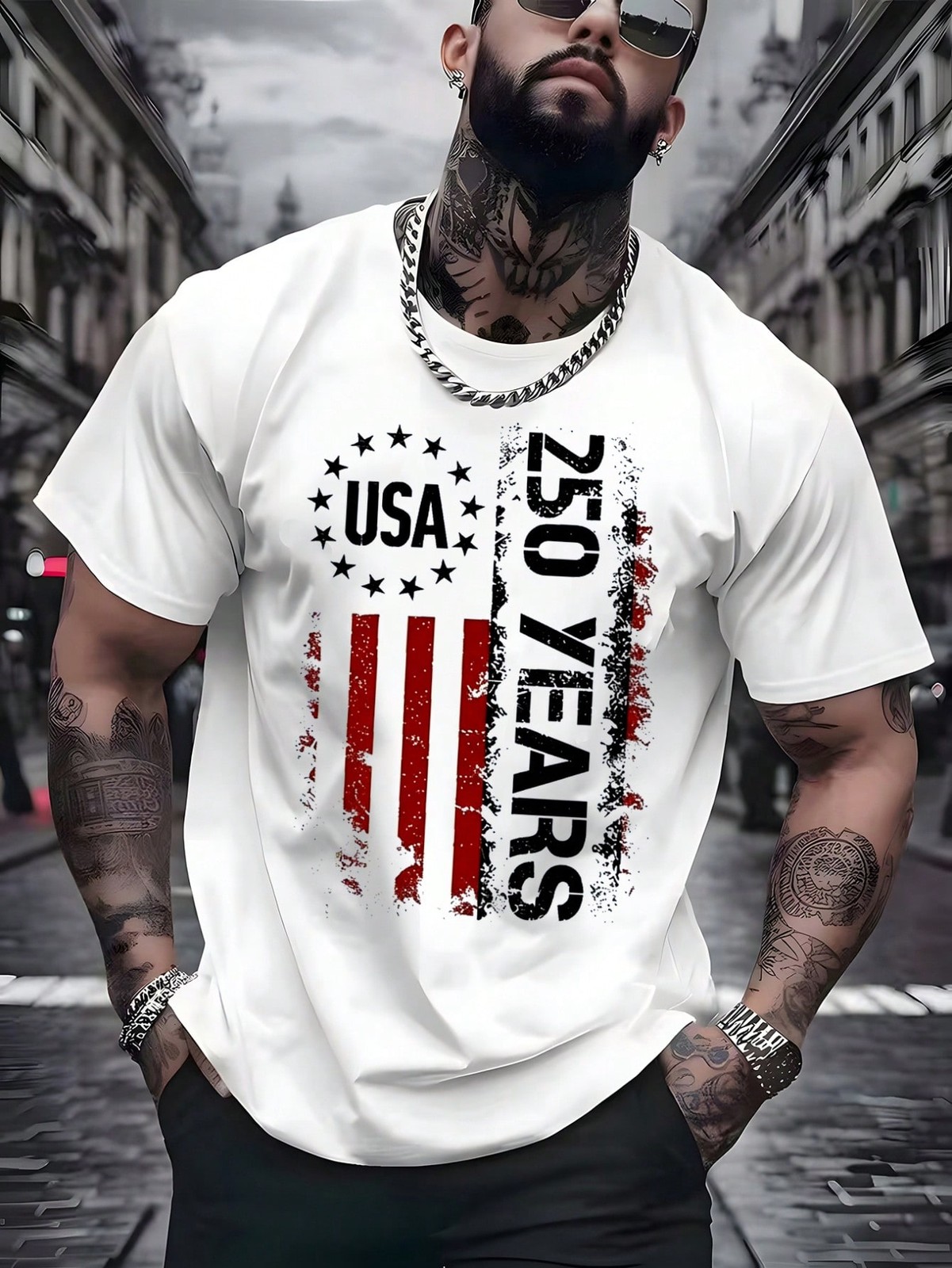 USA Flag 250th Anniversary Y2K Patriotic Digital Print Men’s Casual Cotton Tee