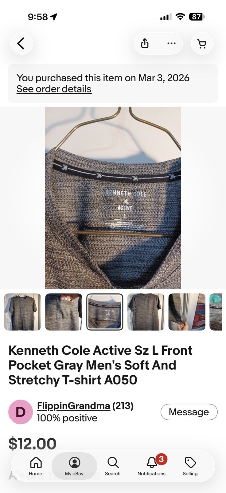 Kenneth Cole Active Front Pocket Gray Men’s Soft And Stretchy T-shirt Size Large