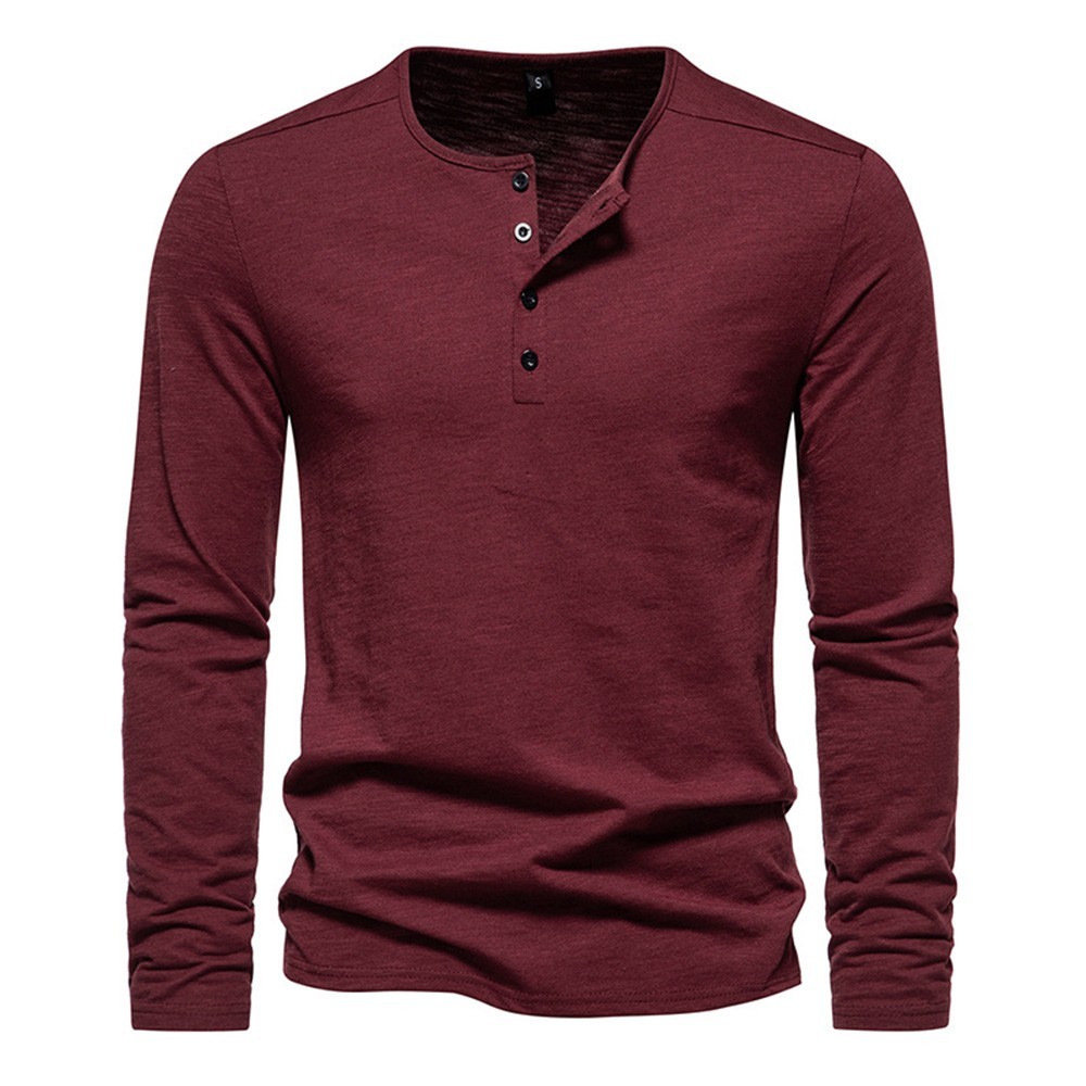 New Men’s Cotton Long Sleeve T-Shirt Slim Fit Button Neck Casual Fitness Tee