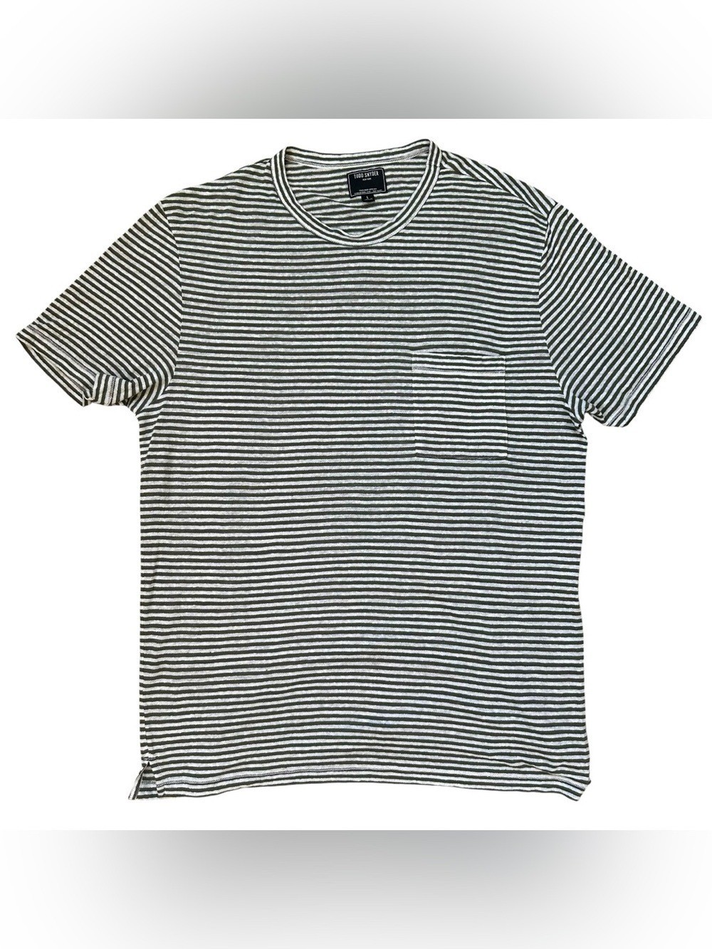 Men’s Todd Snyder Olive Green & White Striped 100% Linen Short Sleeve Tee Large