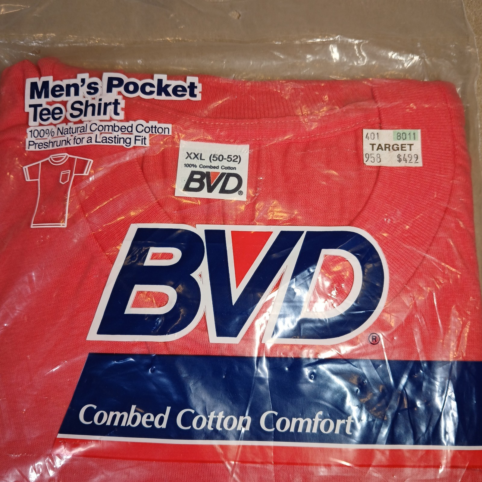 Vintage BVD Mens Red Pocket Tee XXL (50-52) Combed Cotton USA Made BRAND NEW
