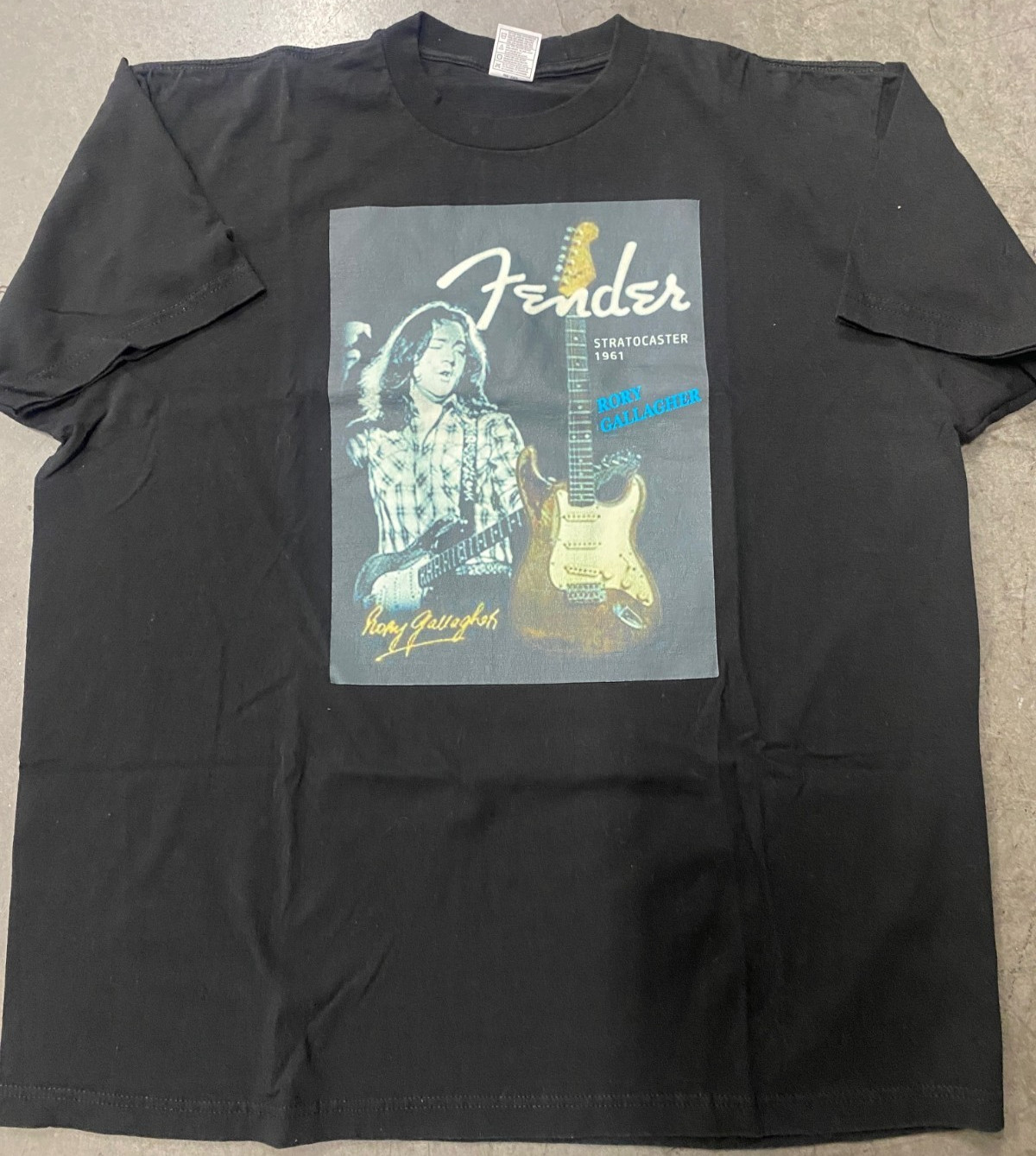 VTG FENDER Guitars Rory Gallagher Stratocaster Shaka (HTV) Black Tee SZ 2XL