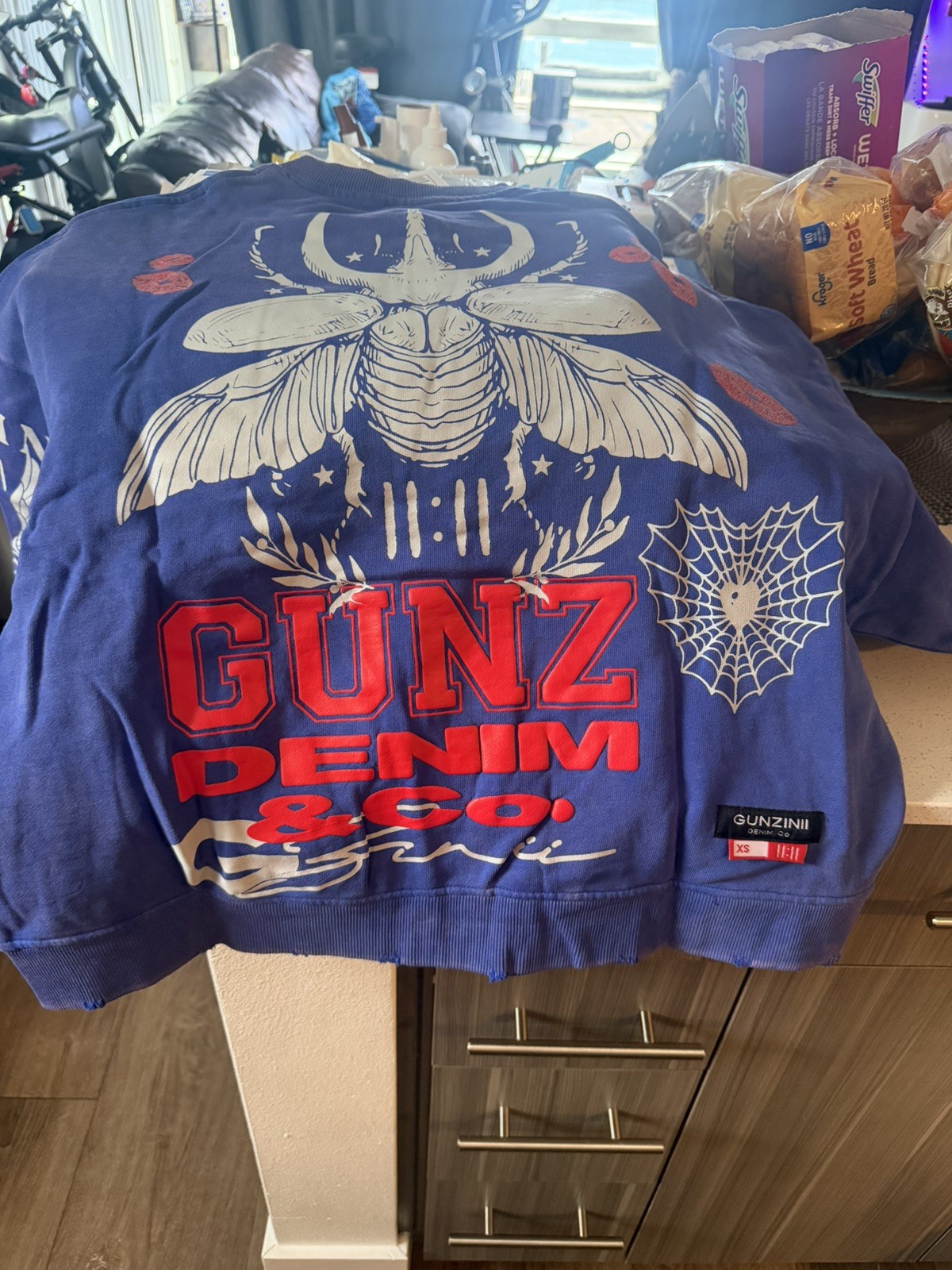 Gunzinii Full Zip Graphic Sweatshirt Blue Beetle Wings Distressed Size XSmall