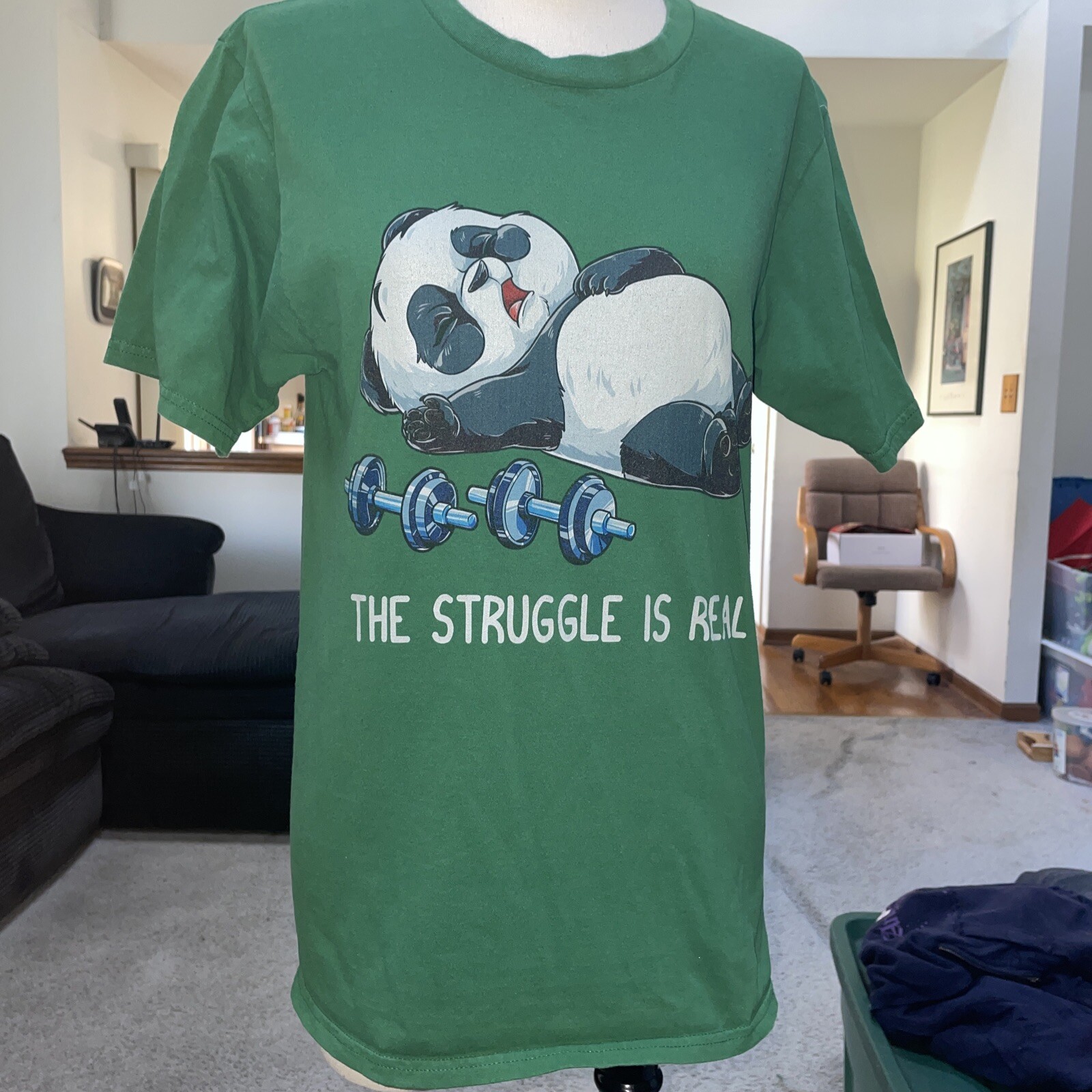 Port & Company Green T Shirt The Struggle Is Real Weightlifting Panda Size Small