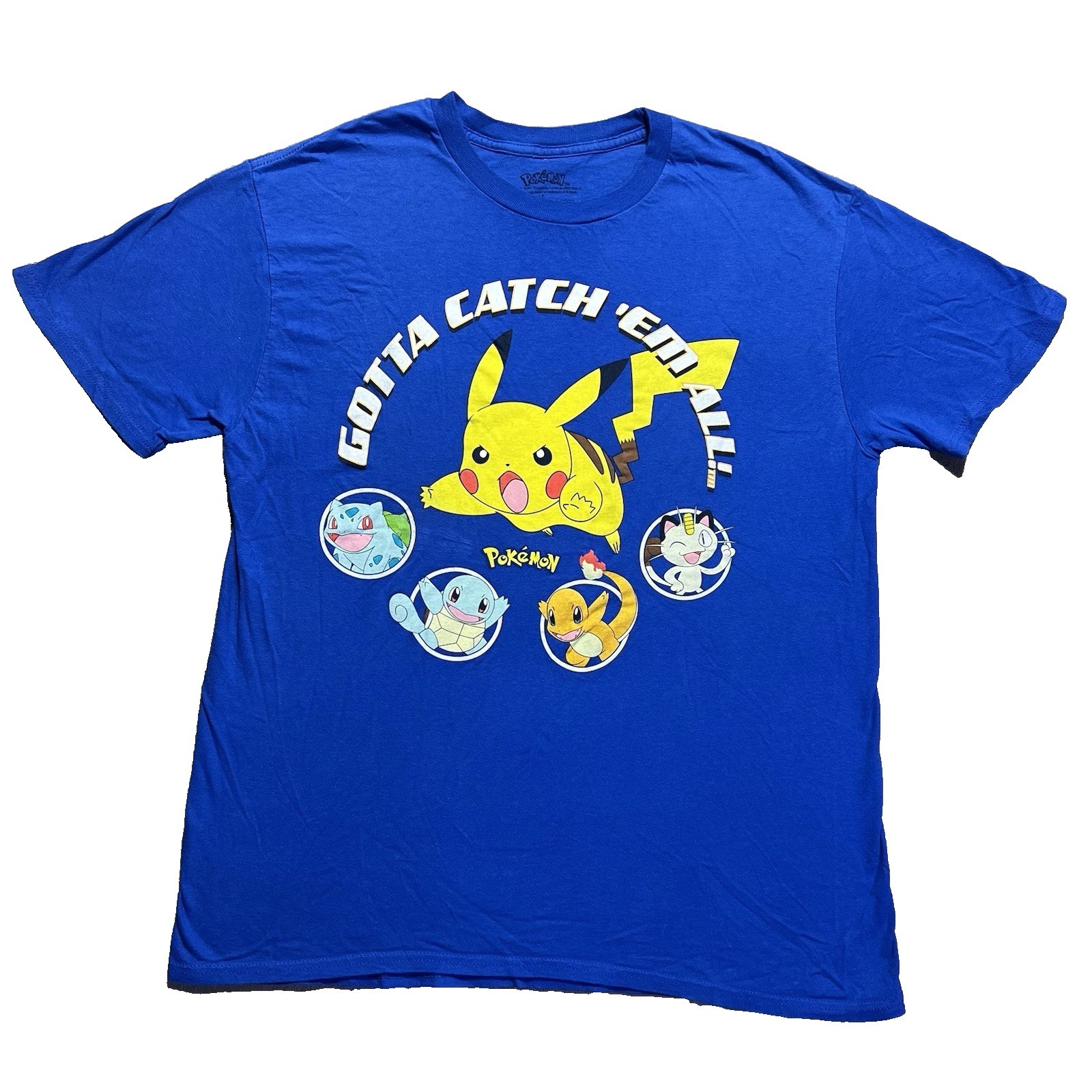 Pokemon Mens Blue Pikachu Gotta Catch Em All Graphic T Shirt Large Short Sleeve