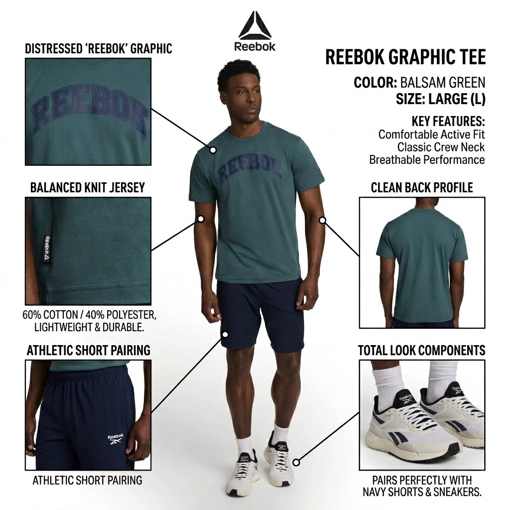 Reebok Men’s Graphic Tee Shirt Balsam Green Size Large L Crew Neck Athletic New