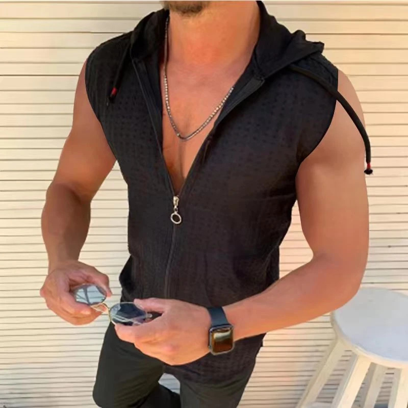 Short sleeved hooded zippered cardigan T-shirt for men’s summer new fashionable