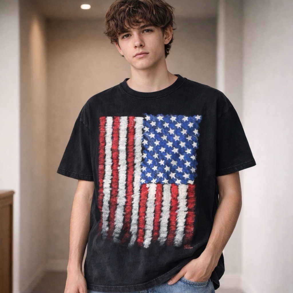 VTG 90s USA Textured Flag T Shirt Single Stitch Sun Faded Black Y2K Mens Large