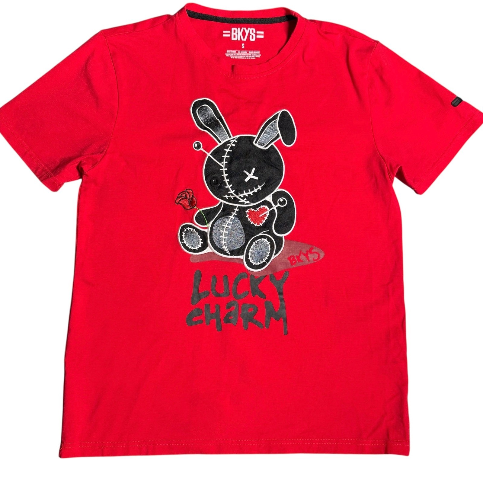 BKYS Men’s Small Shirt Red Lucky Charm Teddy Bear Graphic Streetwear Urban