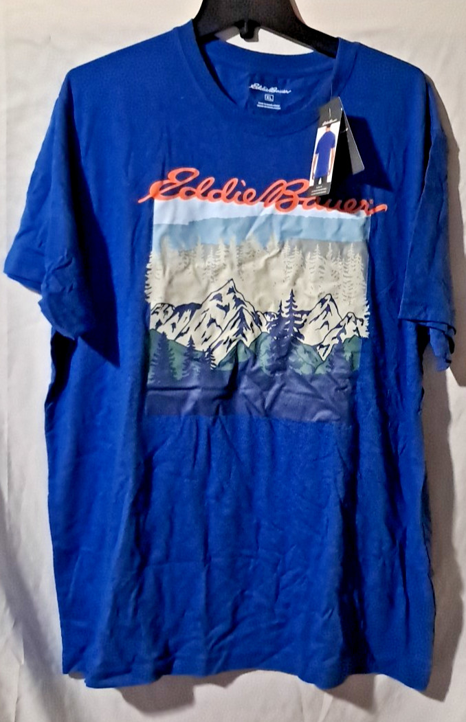 Eddie Bauer T Shirt Men’ XL Blue Mountain Logo Graphic Tee Hiker Outdoors Preppy