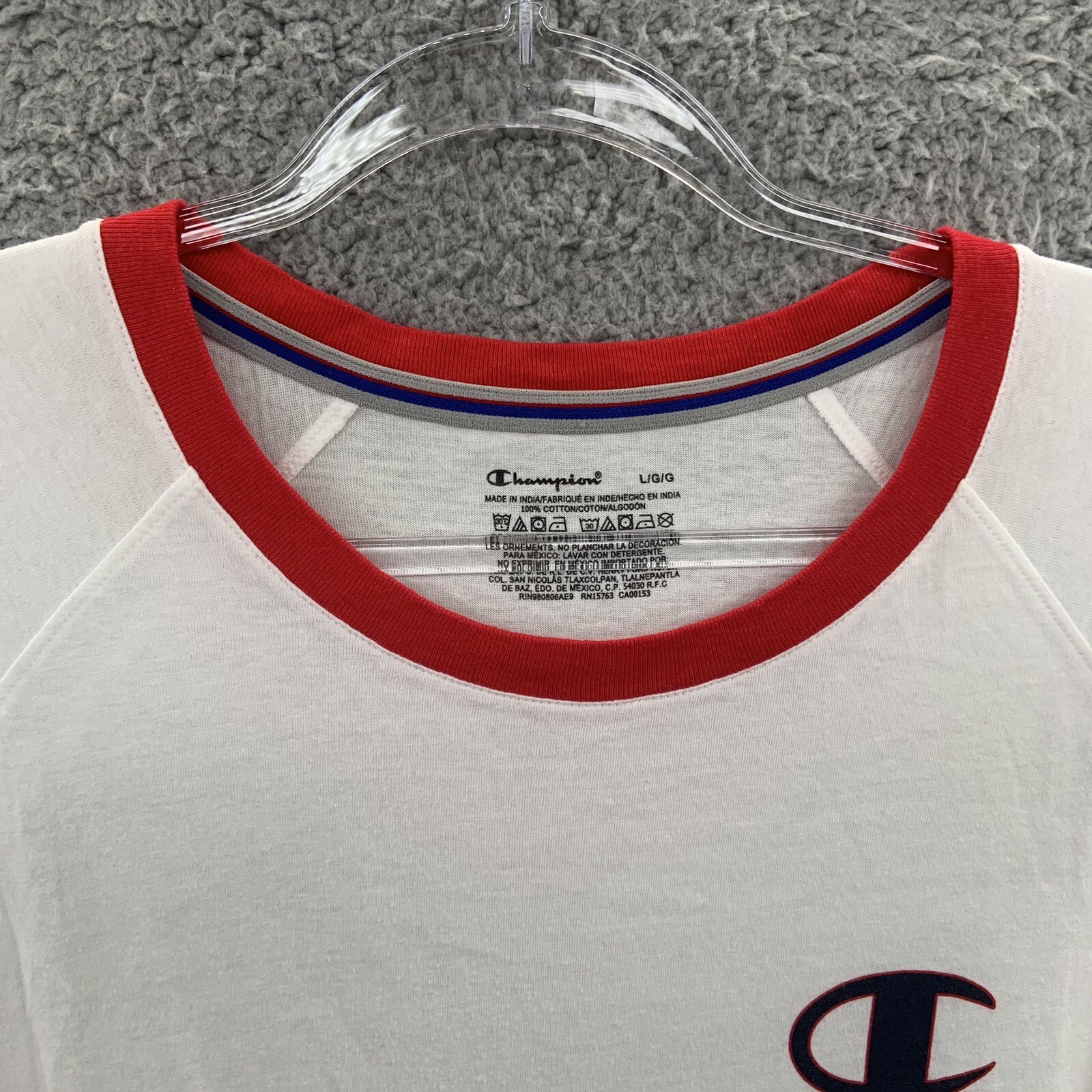 Champion Shirt Mens Large White Red Blue Logo Pullover Short Sleeve Crew Neck