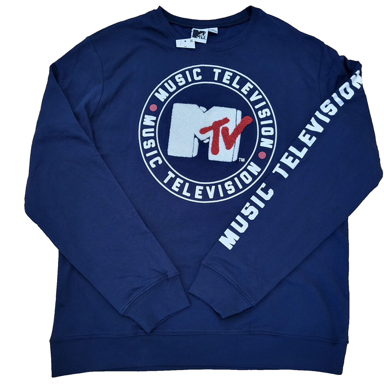 MTV T Shirt Mens XL Long Sleeve Blue Crew Neck Pullover Music TV Graphic NEW
