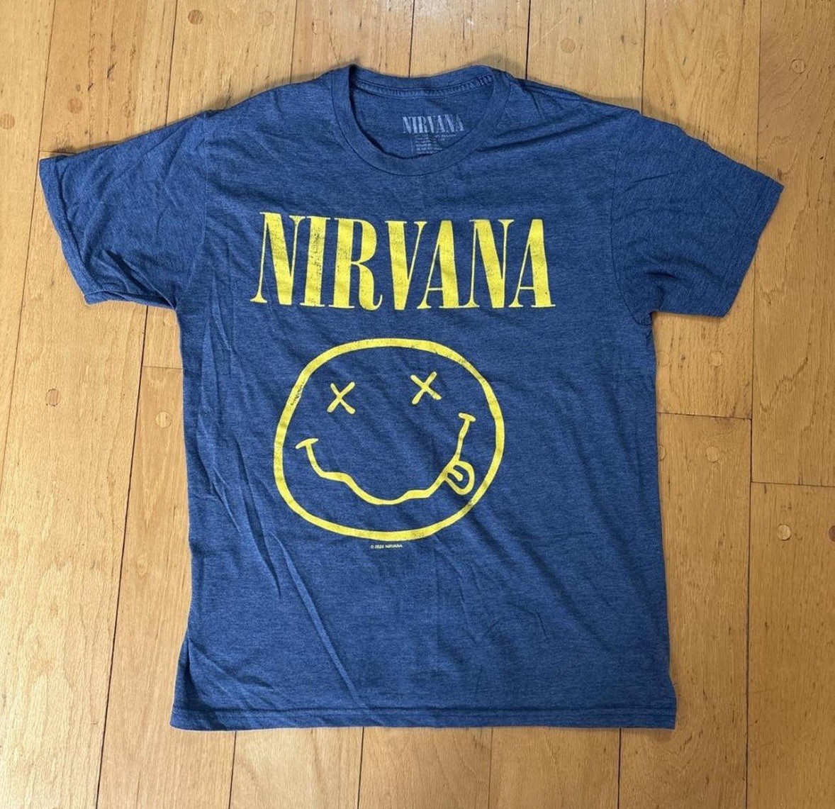 Nirvana Smiley Face Band T-Shirt Blue Graphic Tee Size Small 2020 Grunge Rock