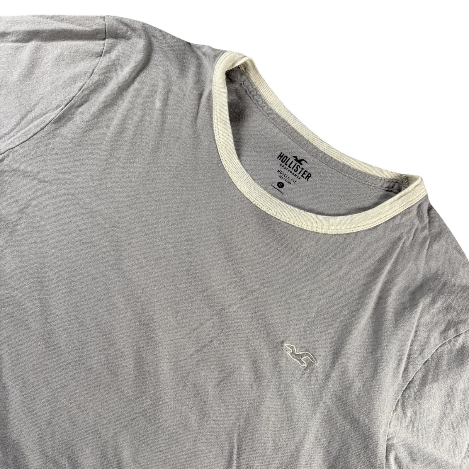 Hollister Mens Muscle Fit Ringer T-Shirt Gray Cream Trim Cotton XL Short Sleeve