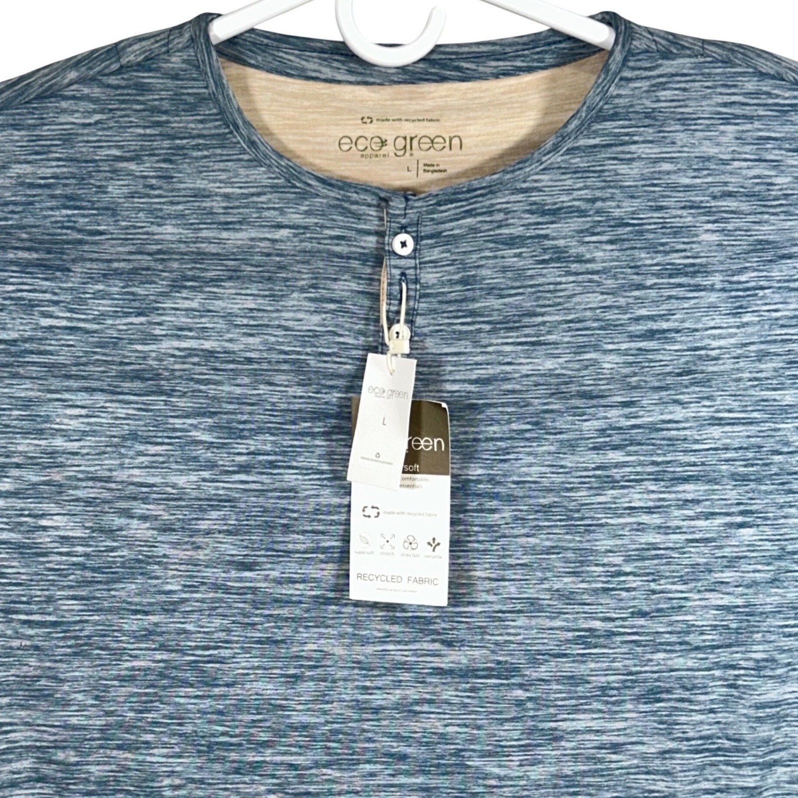 Eco Green Apparel Mens Blue Space Dye Long Sleeve Henley Shirt Size L New