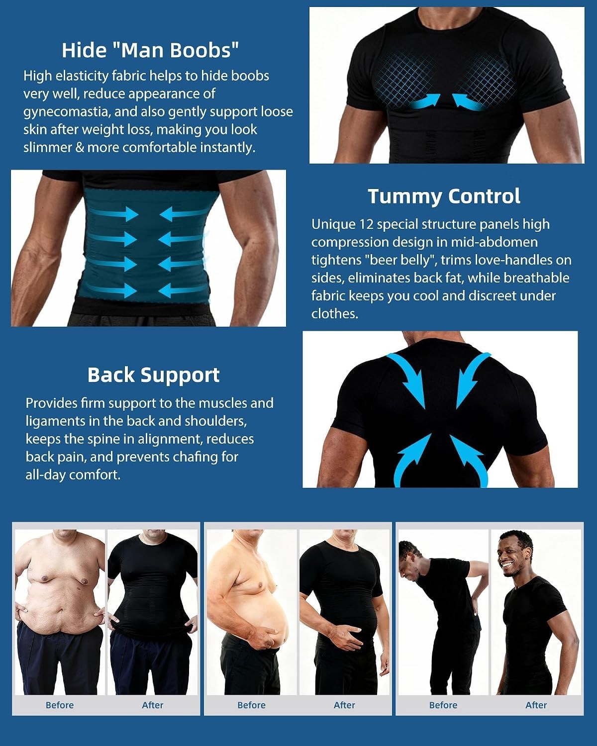 Mens Compression Shirt Posture Corrector Slimming Body Shaper Workout Vest Abs