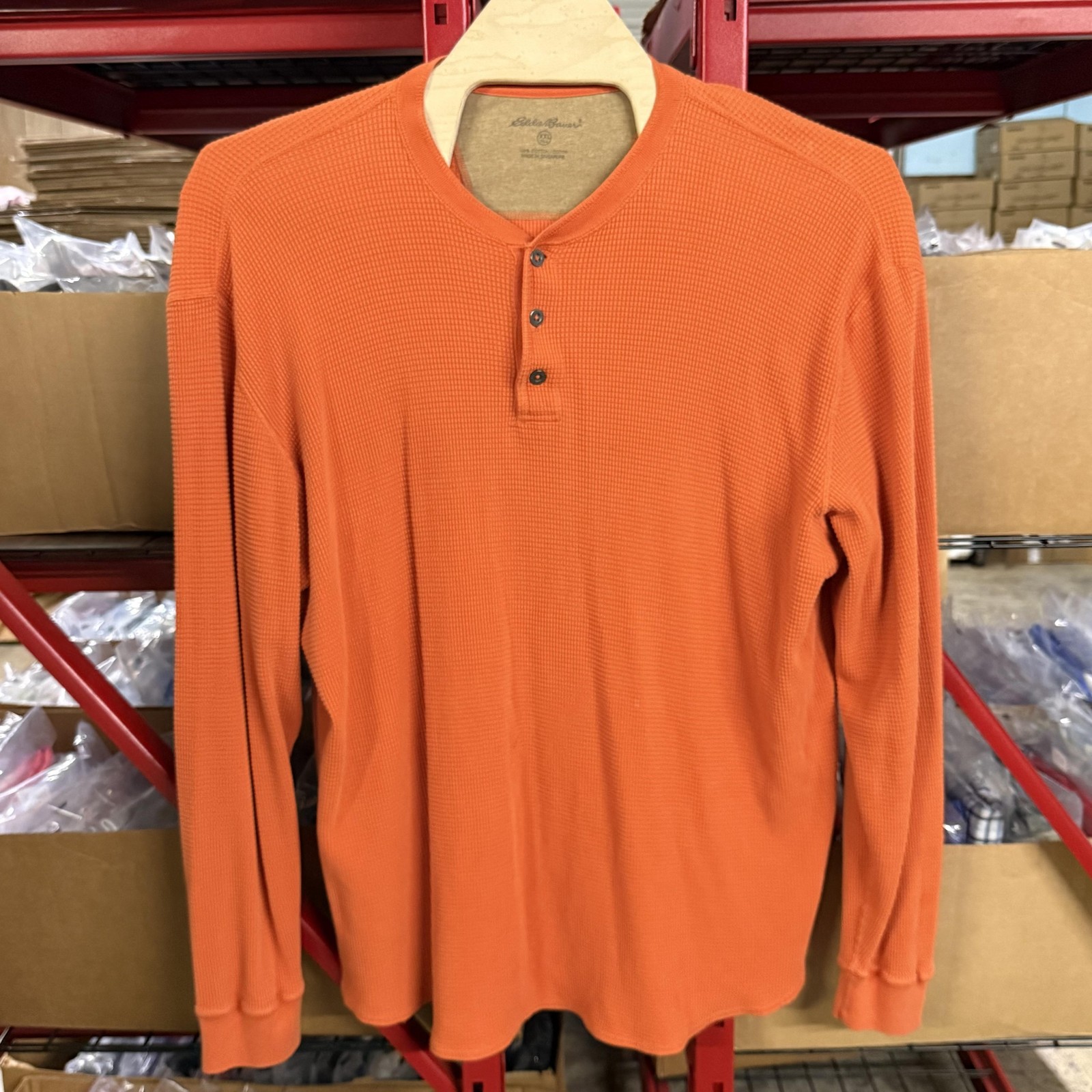 Eddie Bauer Shirt Mens 2XL Orange Thermal Waffle Knit Henley Long Sleeve Casual