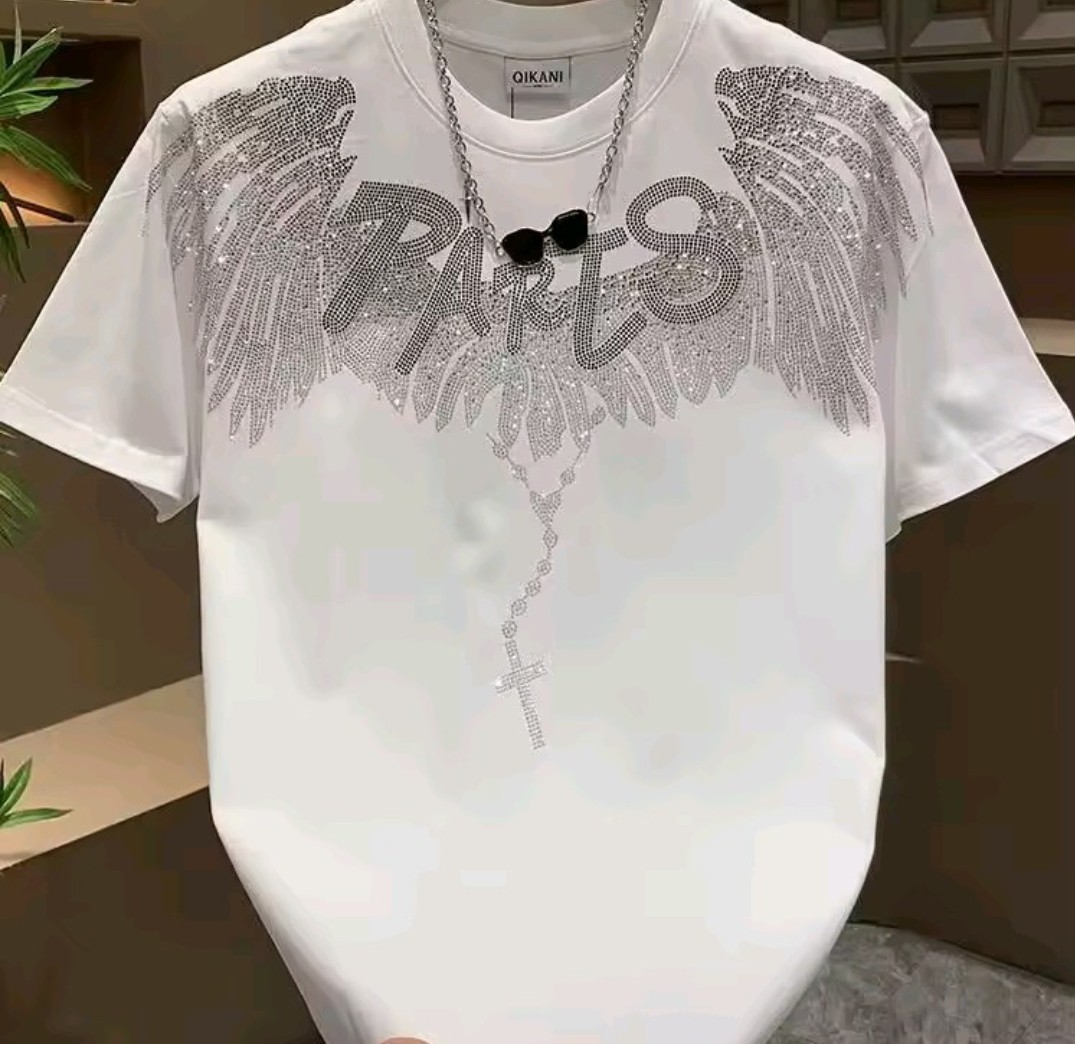 New Men Luxury Diamond Wings Rhinestones Fashion T-Shirt High Quality