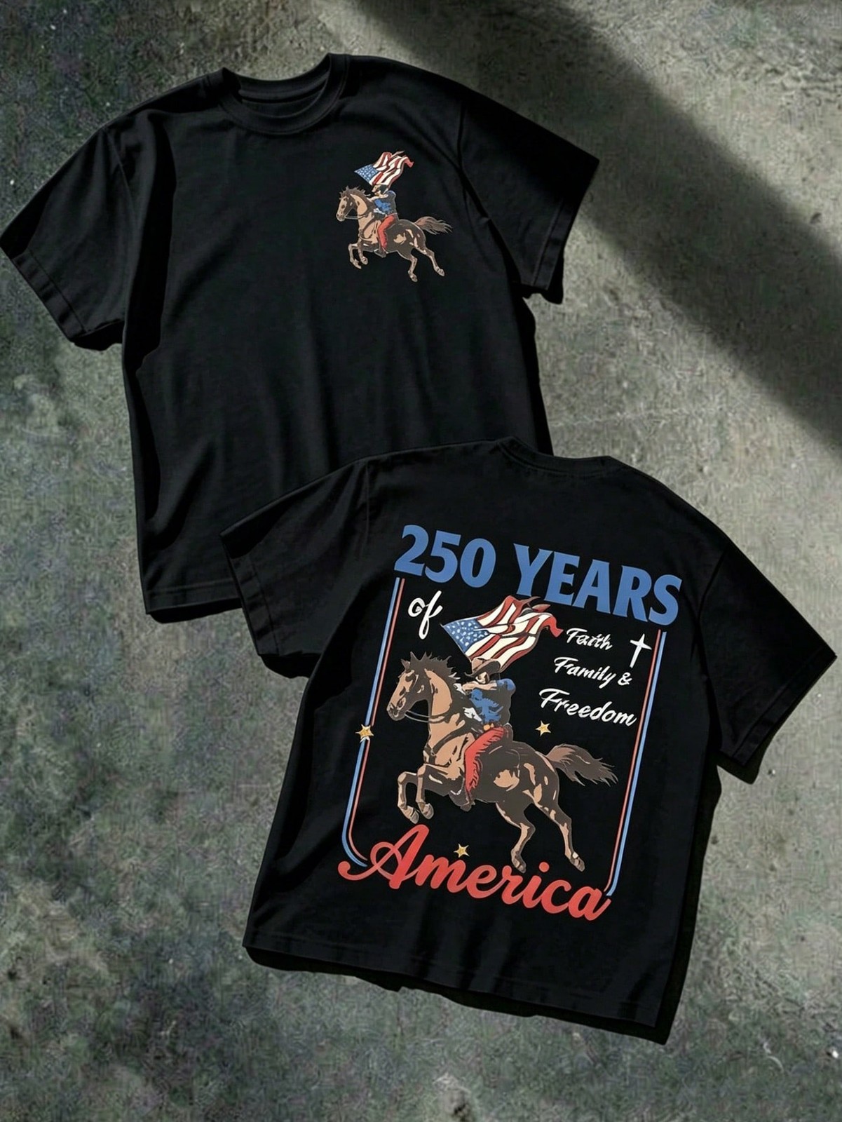 USA 250 Years Of America Cowboy Horse Graphic T-Shirt, Faith Family Freedom Tee